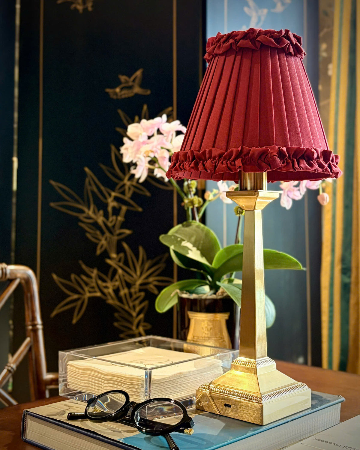 EIFFEL Rechargeable Lamp with Red Wine Frilled Fabric Lampshade
