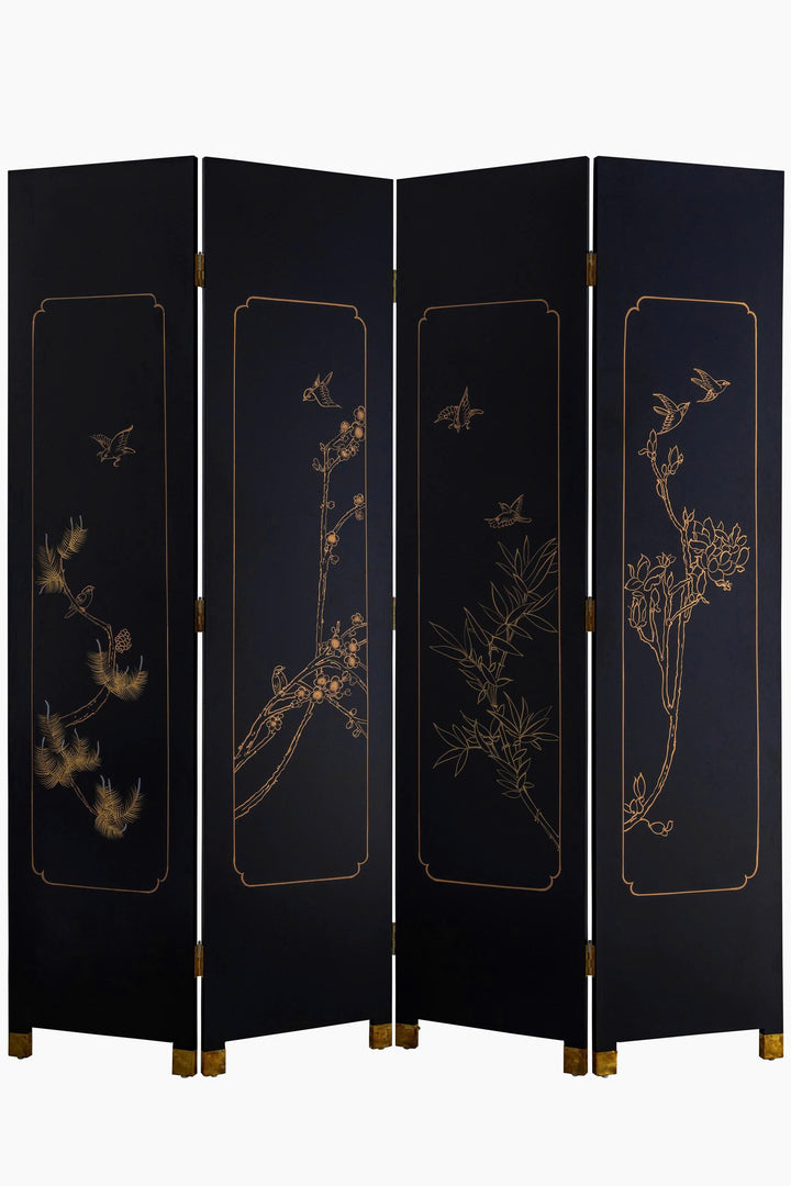 Black folding screen with bird and botanical motifs
