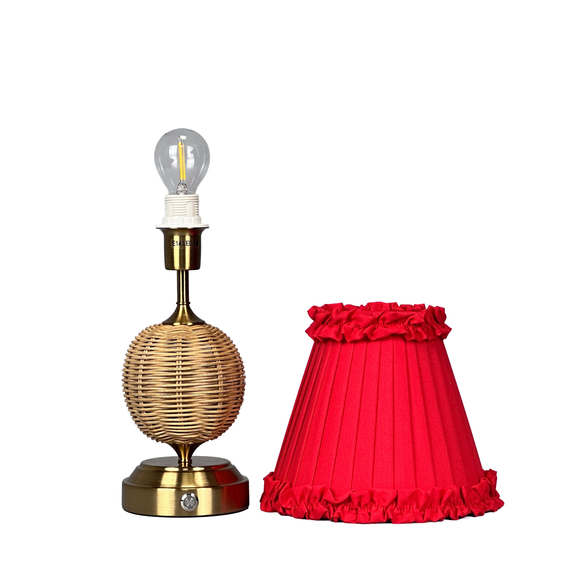 RADEN WICKER Rechargeable Lamp with Red Brick Frilled Fabric Lampshade
