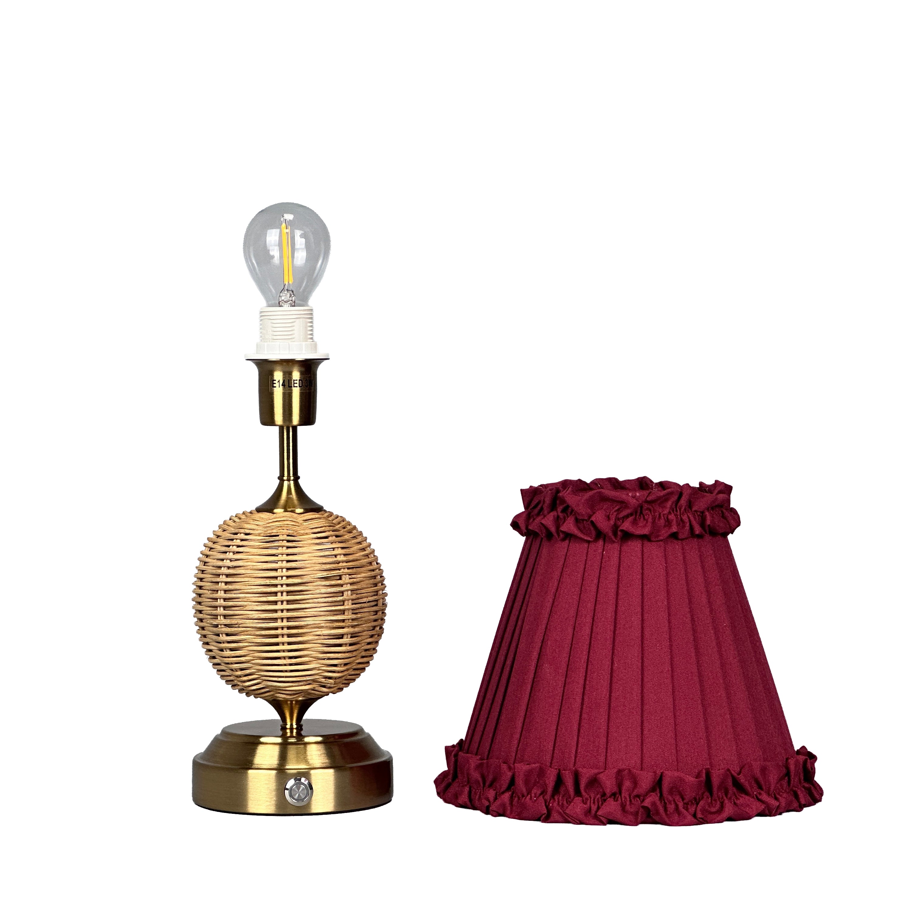 RADEN WICKER Rechargeable Lamp with Red Wine Frilled Fabric Lampshade