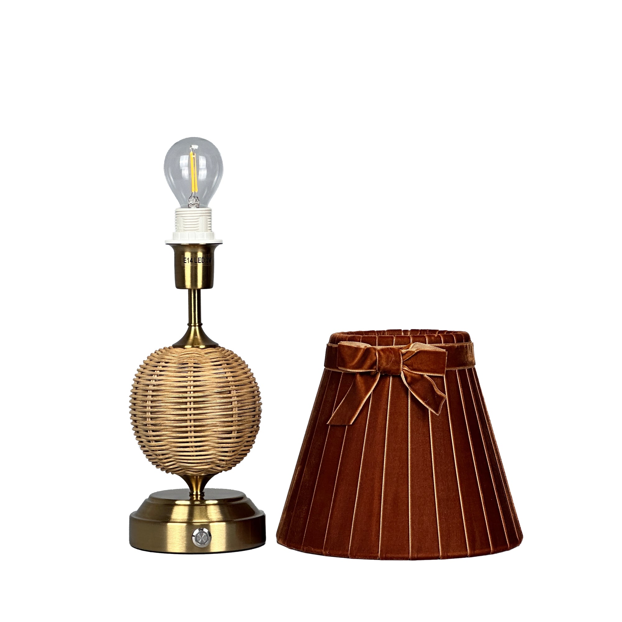 RADEN WICKER Rechargeable Lamp with 7.1" Burnt Orange Velvet Lampshade