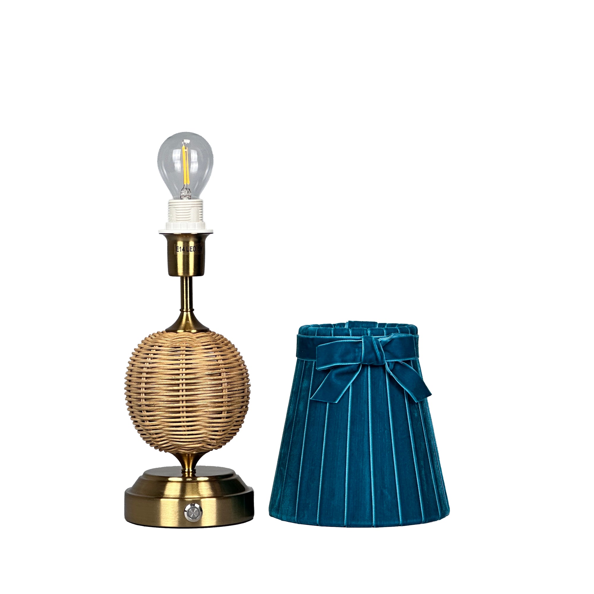 RADEN WICKER Rechargeable Lamp with 5.5" Teal Velvet Lampshade
