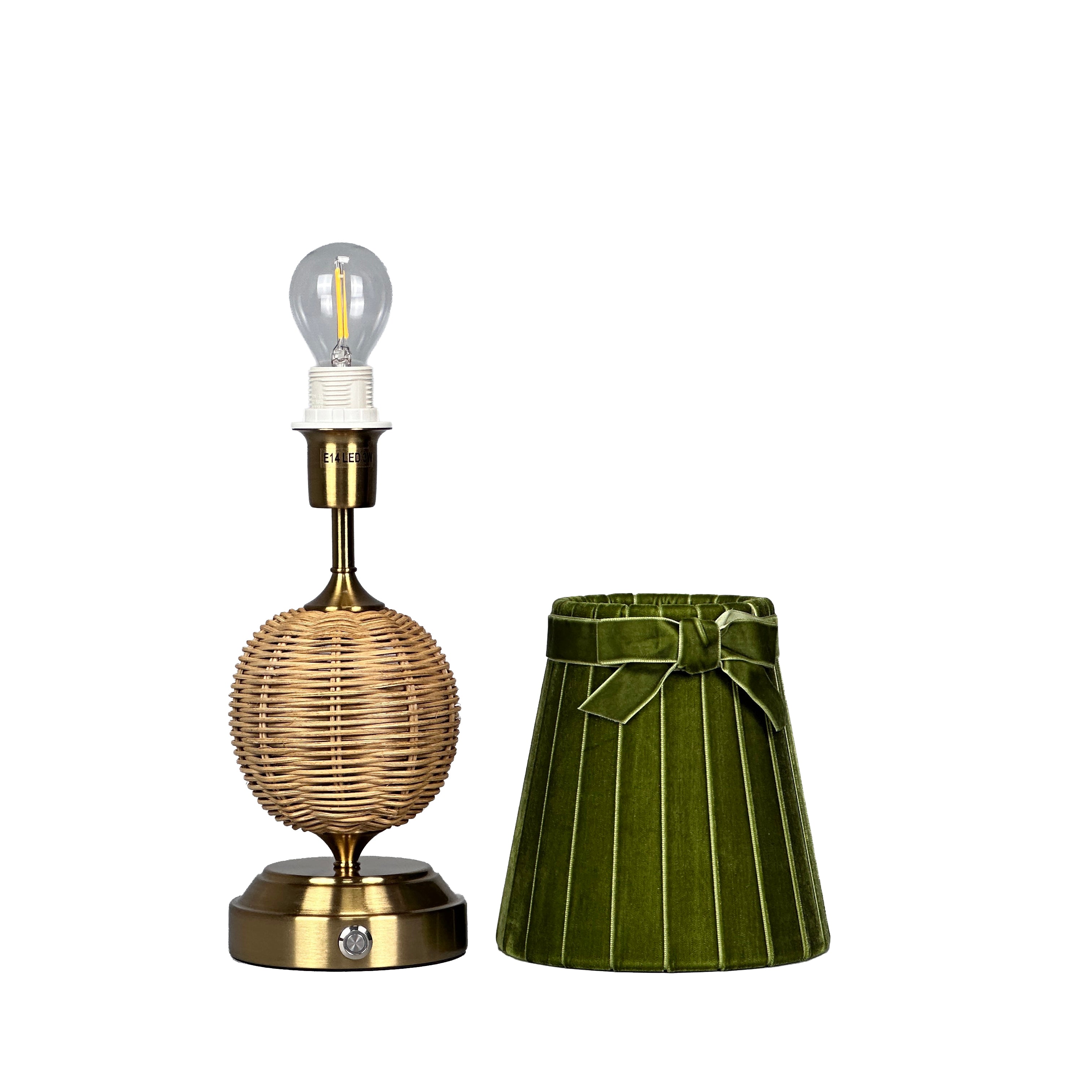 RADEN WICKER Rechargeable Lamp with 5.5" Olive Green Velvet Lampshade