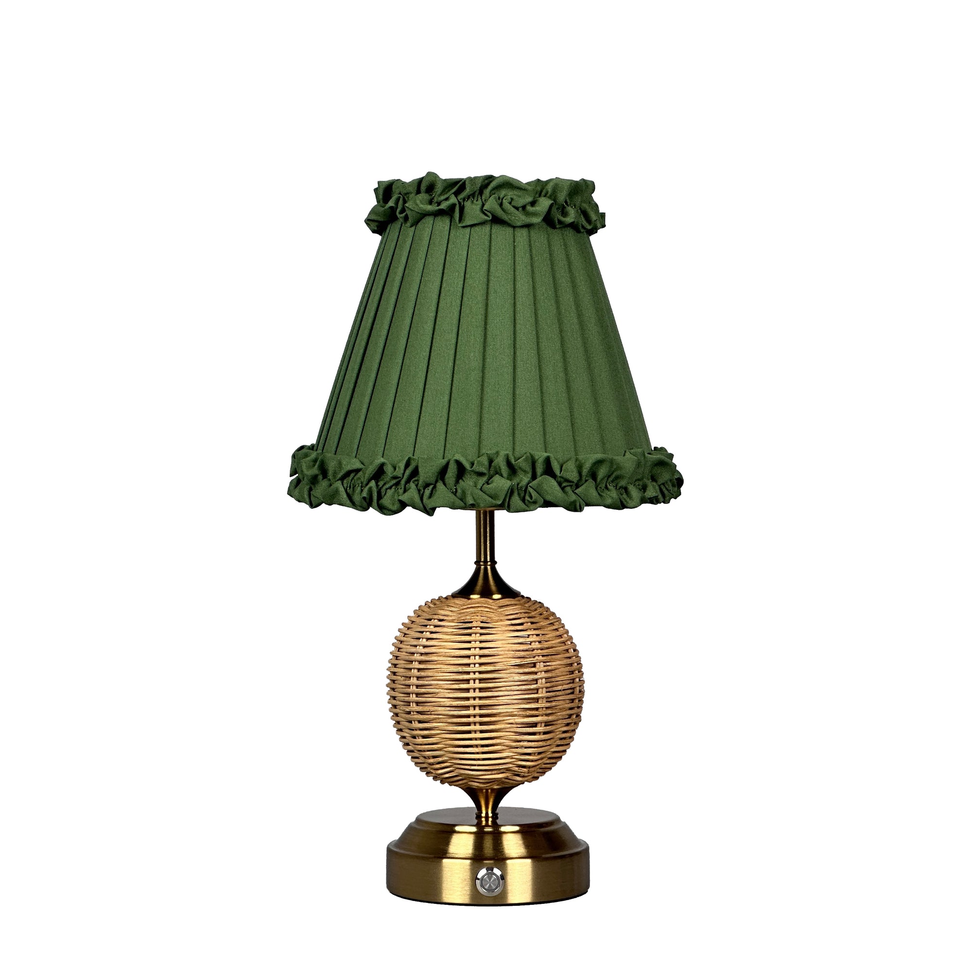 RADEN WICKER Rechargeable Lamp with Olive Green Frilled Fabric Lampshade