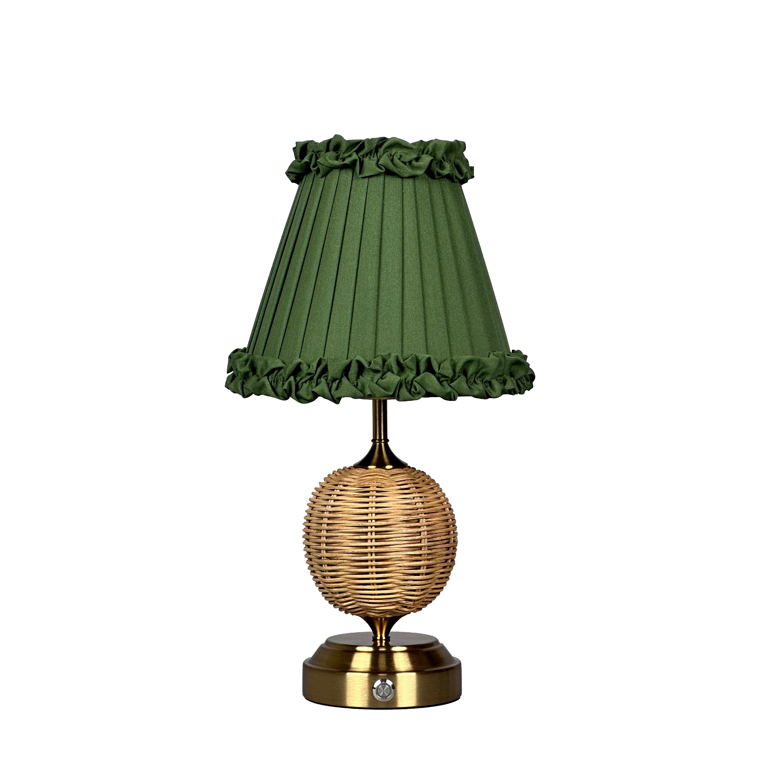 RADEN WICKER Rechargeable Lamp with Olive Green Frilled Fabric Lampshade