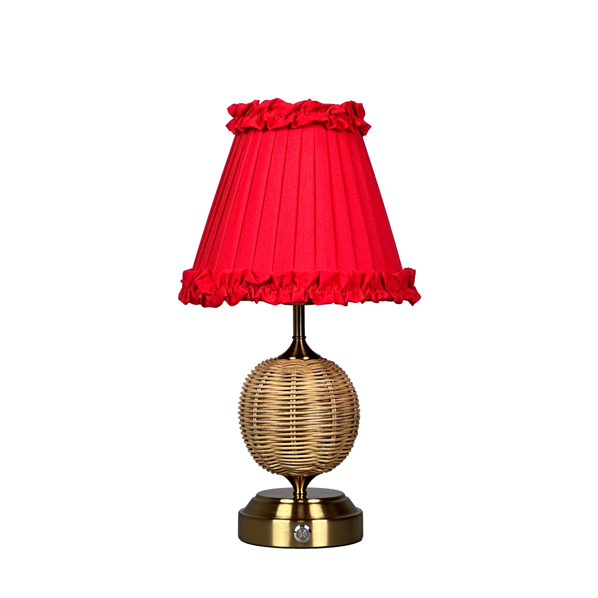 RADEN WICKER Rechargeable Lamp with Red Brick Frilled Fabric Lampshade