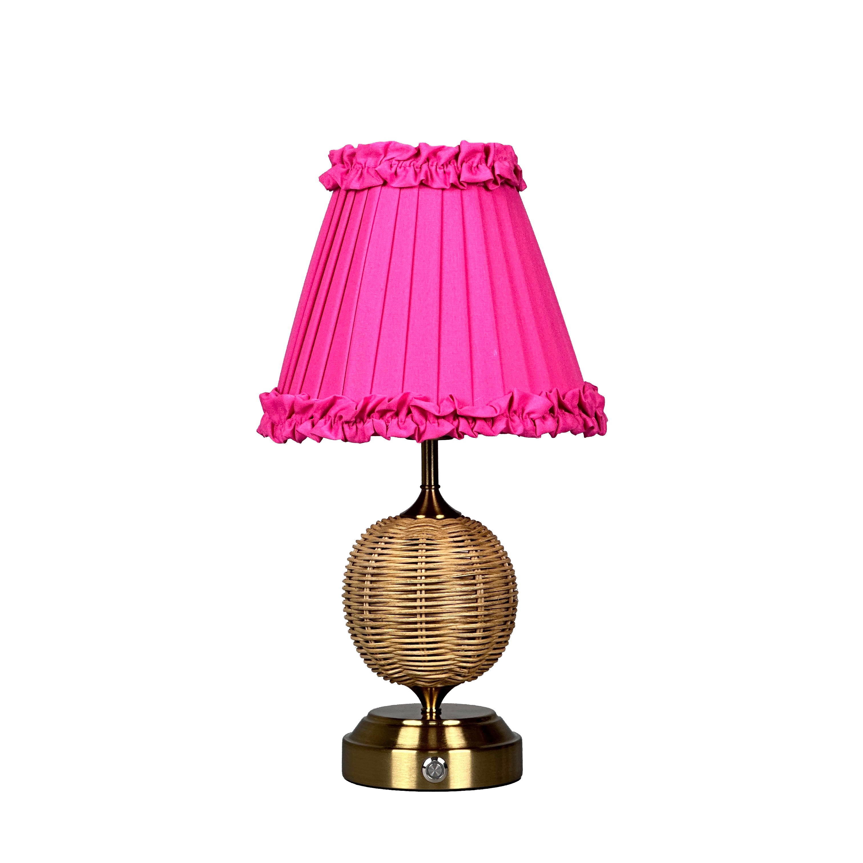 RADEN WICKER Rechargeable Lamp with Fuchsia Frilled Fabric Lampshade
