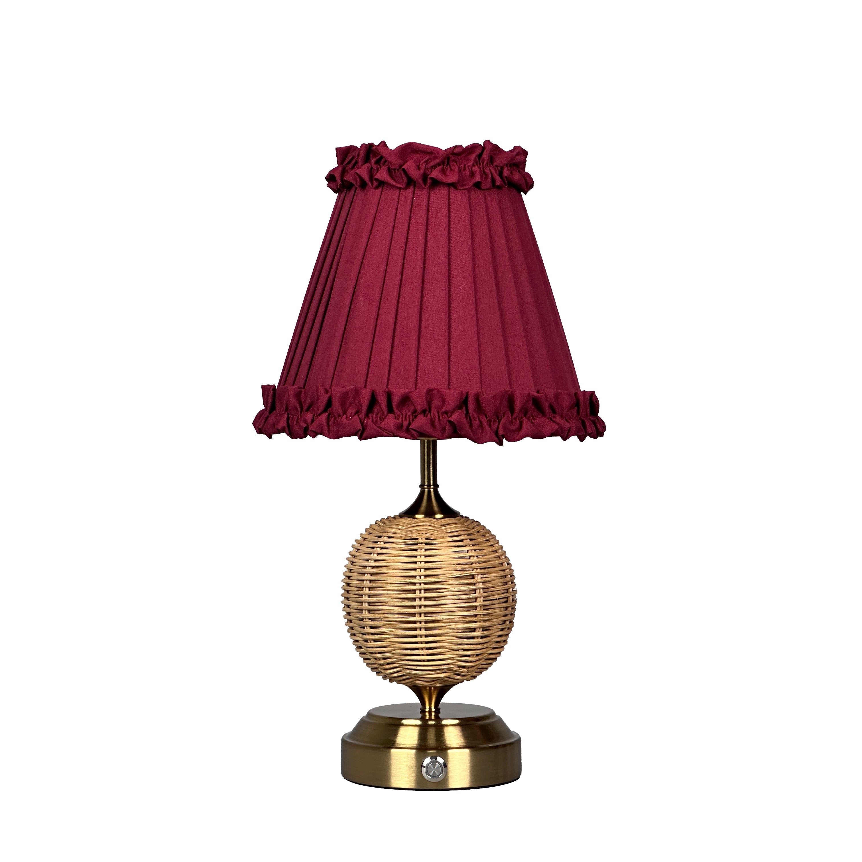 RADEN WICKER Rechargeable Lamp with Red Wine Frilled Fabric Lampshade
