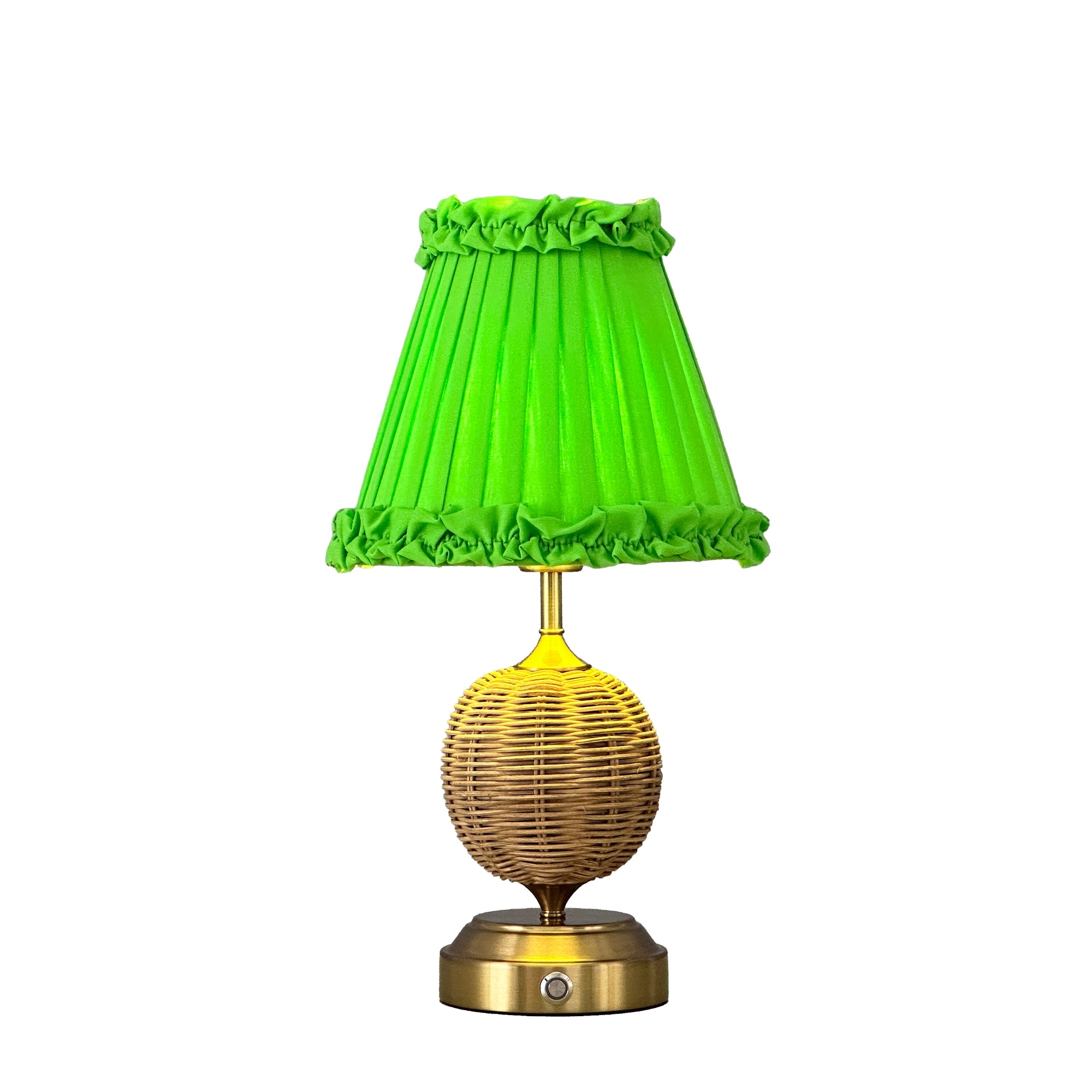 RADEN WICKER Rechargeable Lamp with Lime Green Frilled Fabric Lampshade
