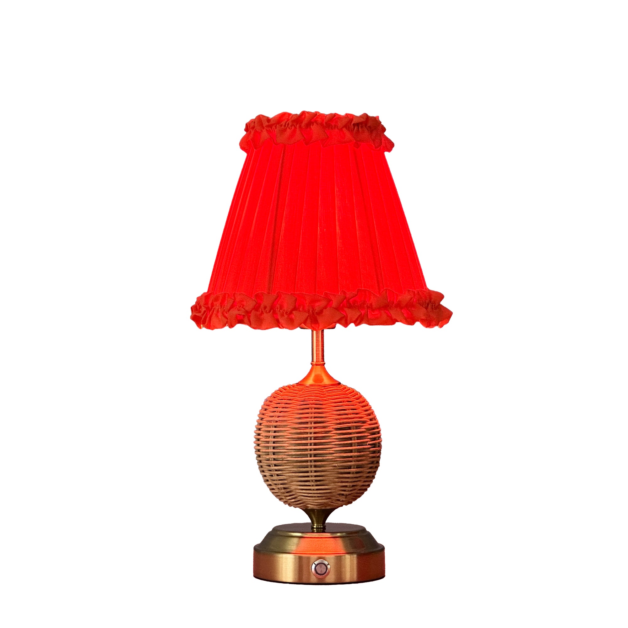 RADEN WICKER Rechargeable Lamp with Red Brick Frilled Fabric Lampshade