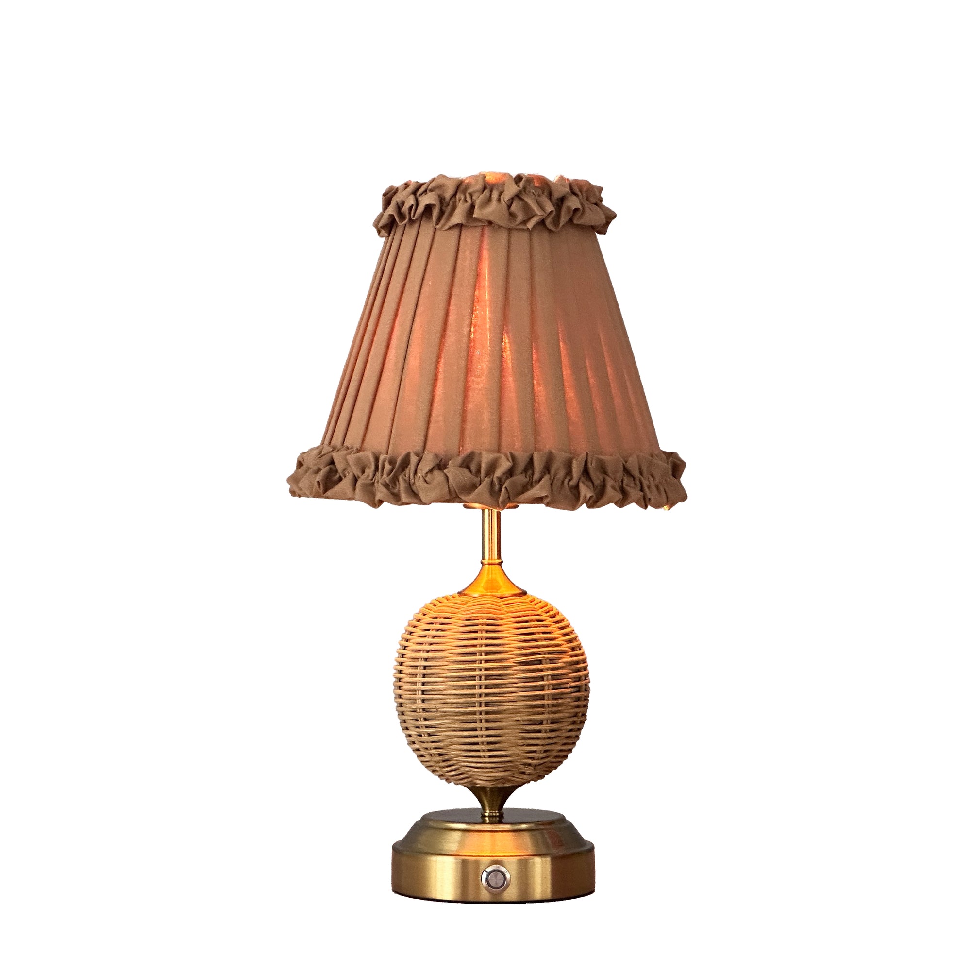 RADEN WICKER Rechargeable Lamp with Camel Frilled Fabric Lampshade