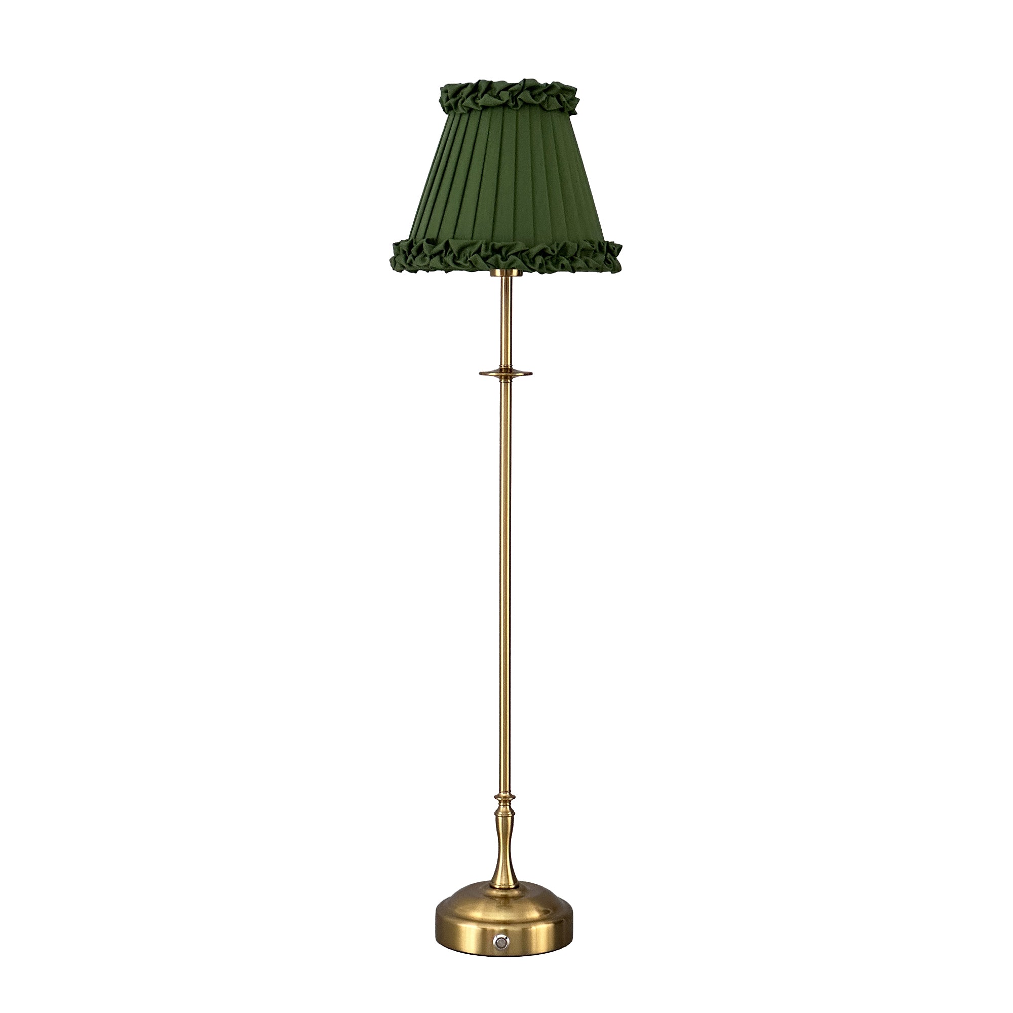 METALL Rechargeable Lamp With Olive Green Frilled Fabric Lampshade