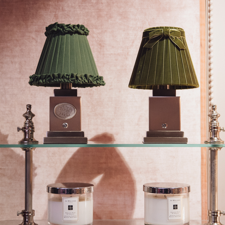 OSCAR Silver Rechargeable Lamp with 7.1" Olive Green Velvet Lampshade
