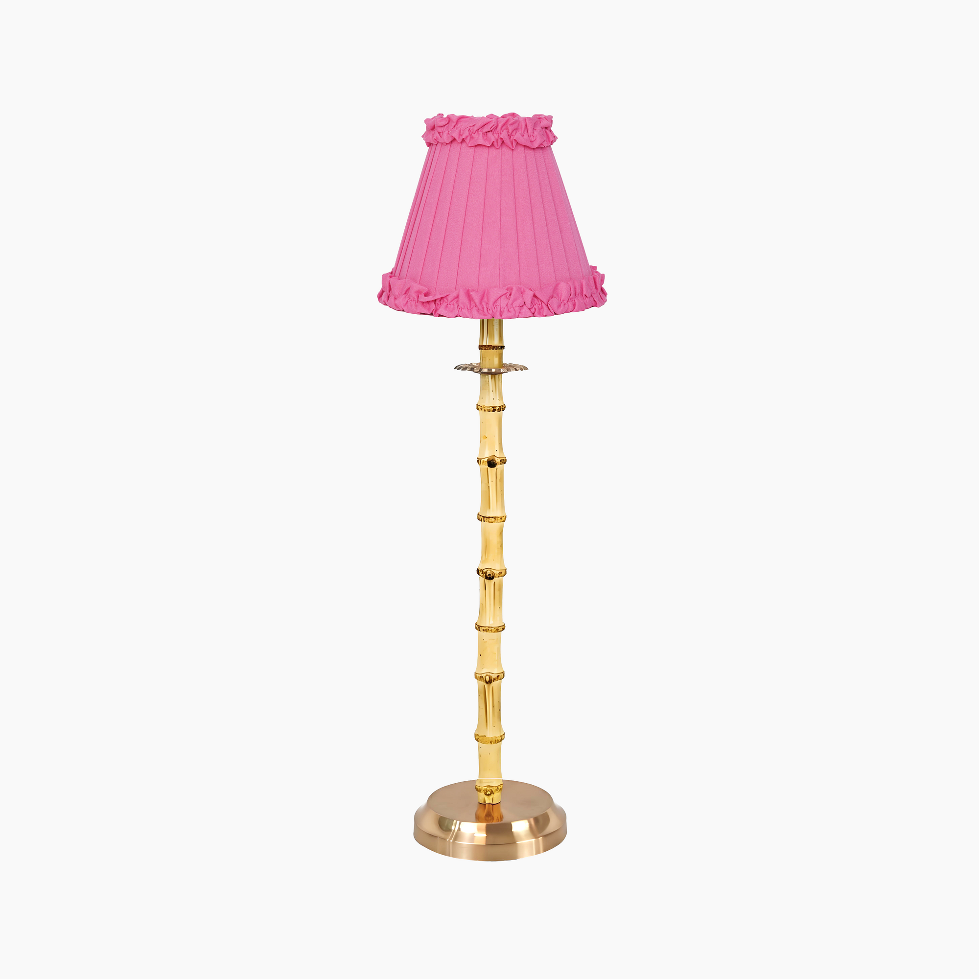 NATURAL BAMBOO Rechargeable Lamp With Fuchsia Frilled Fabric Lampshade