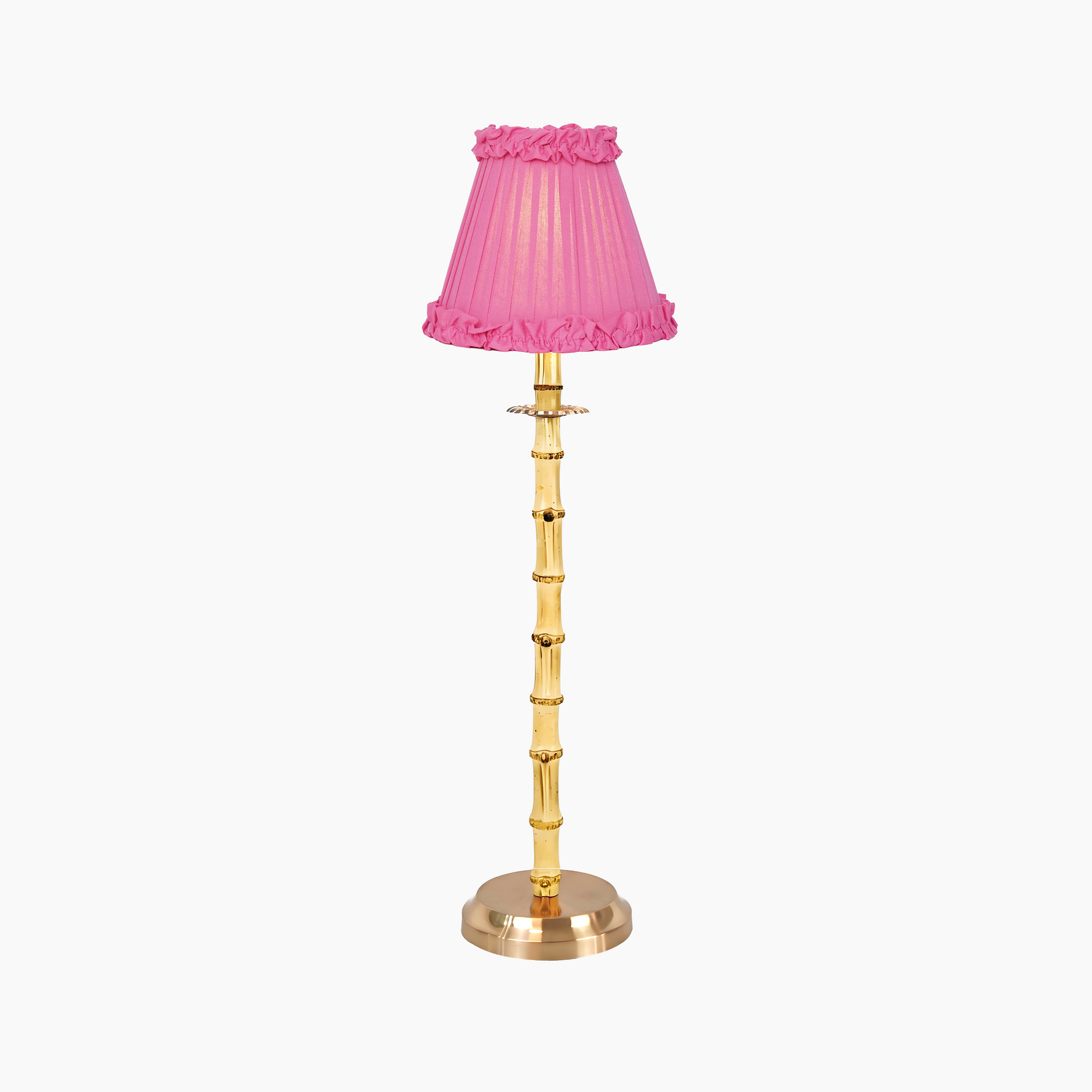 NATURAL BAMBOO Rechargeable Lamp With Fuchsia Frilled Fabric Lampshade
