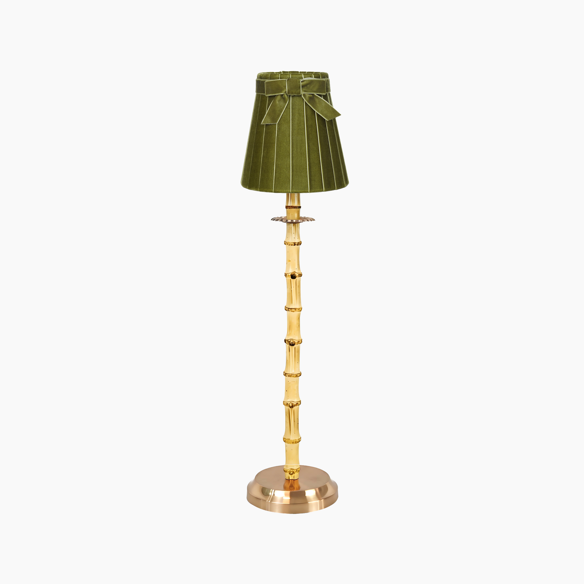 NATURAL BAMBOO Rechargeable Lamp With Olive Green Velvet Lampshade (5.5")