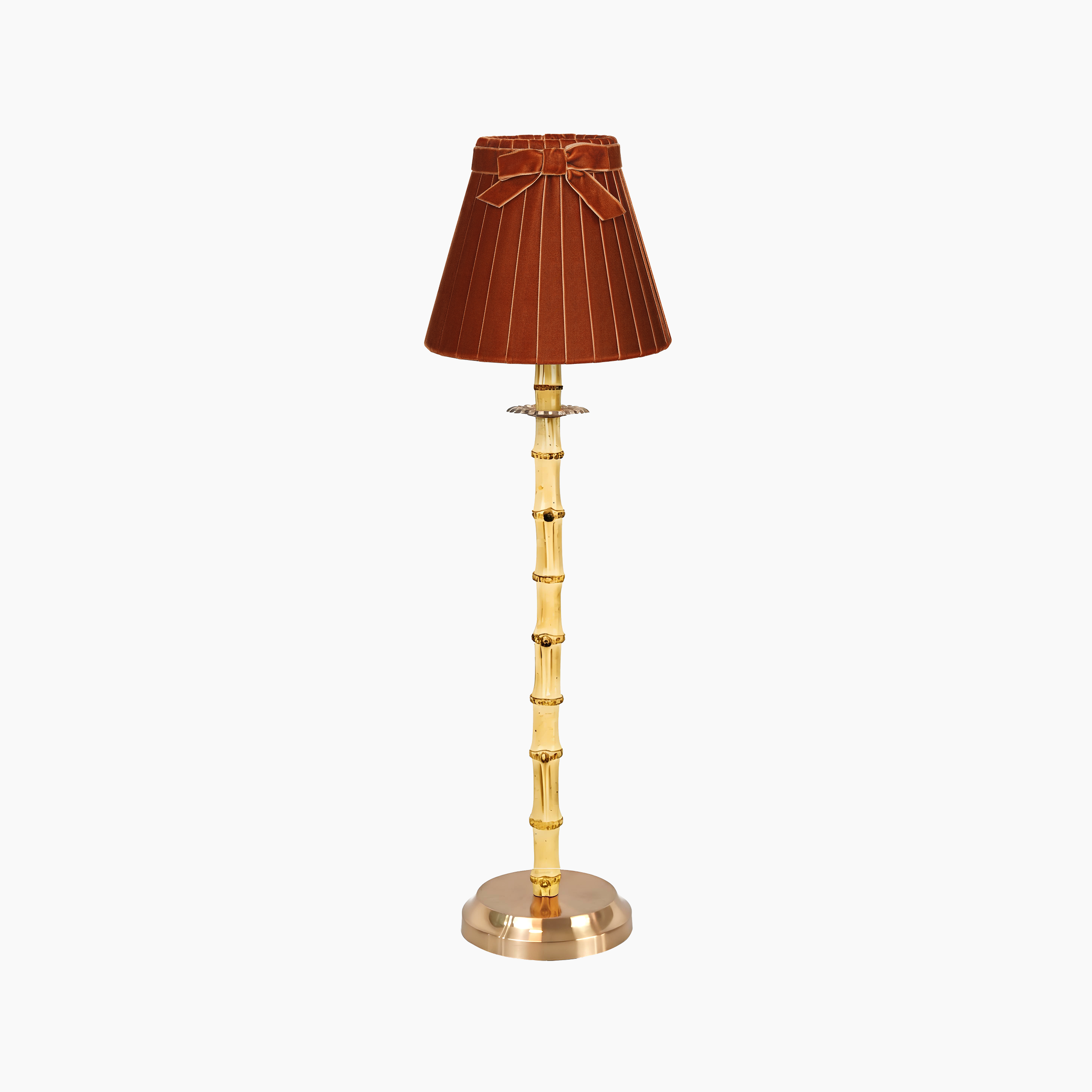 NATURAL BAMBOO Rechargeable Lamp With Burnt Orange Velvet Lampshade (7.1")