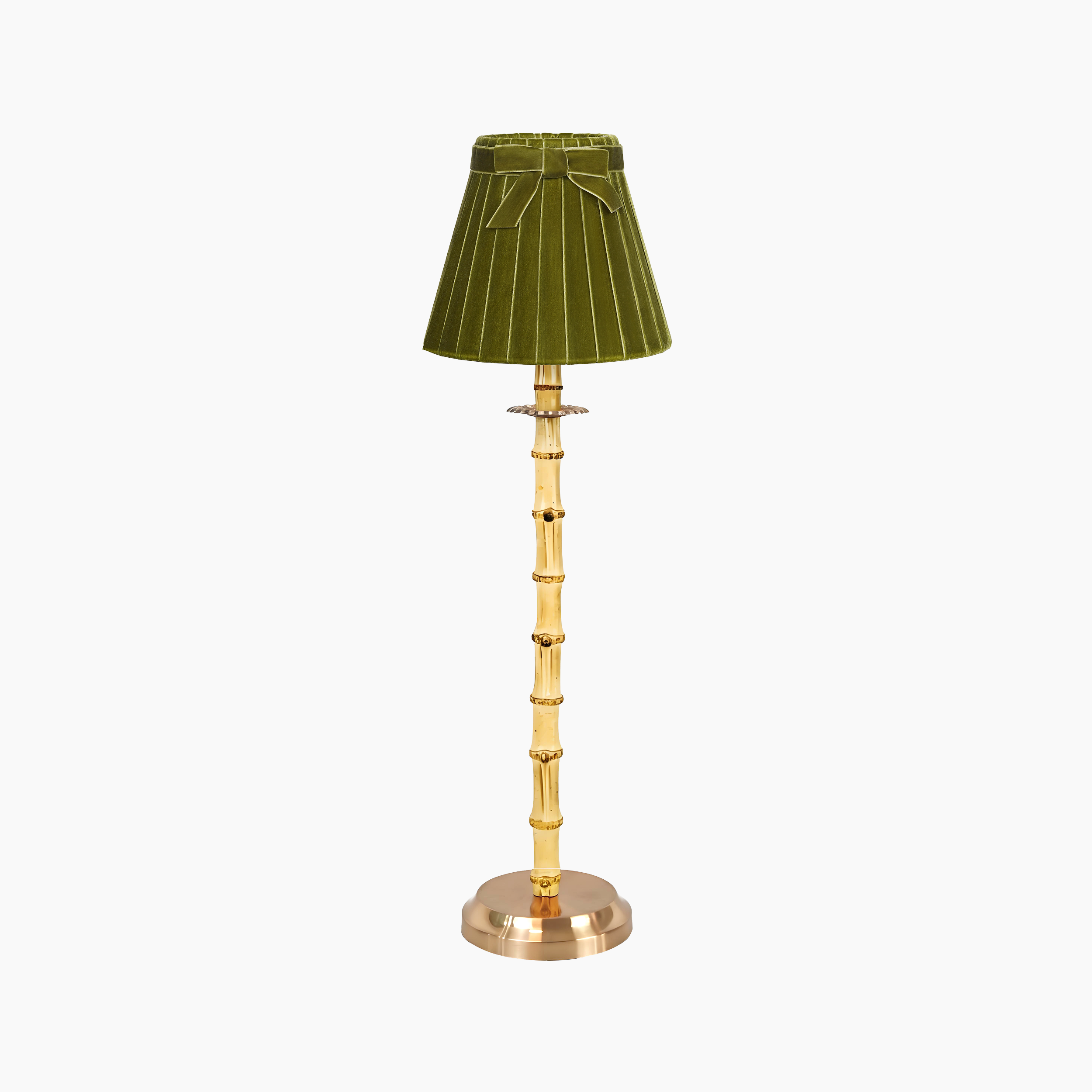 NATURAL BAMBOO Rechargeable Lamp With Olive Green Velvet Lampshade (7.1")