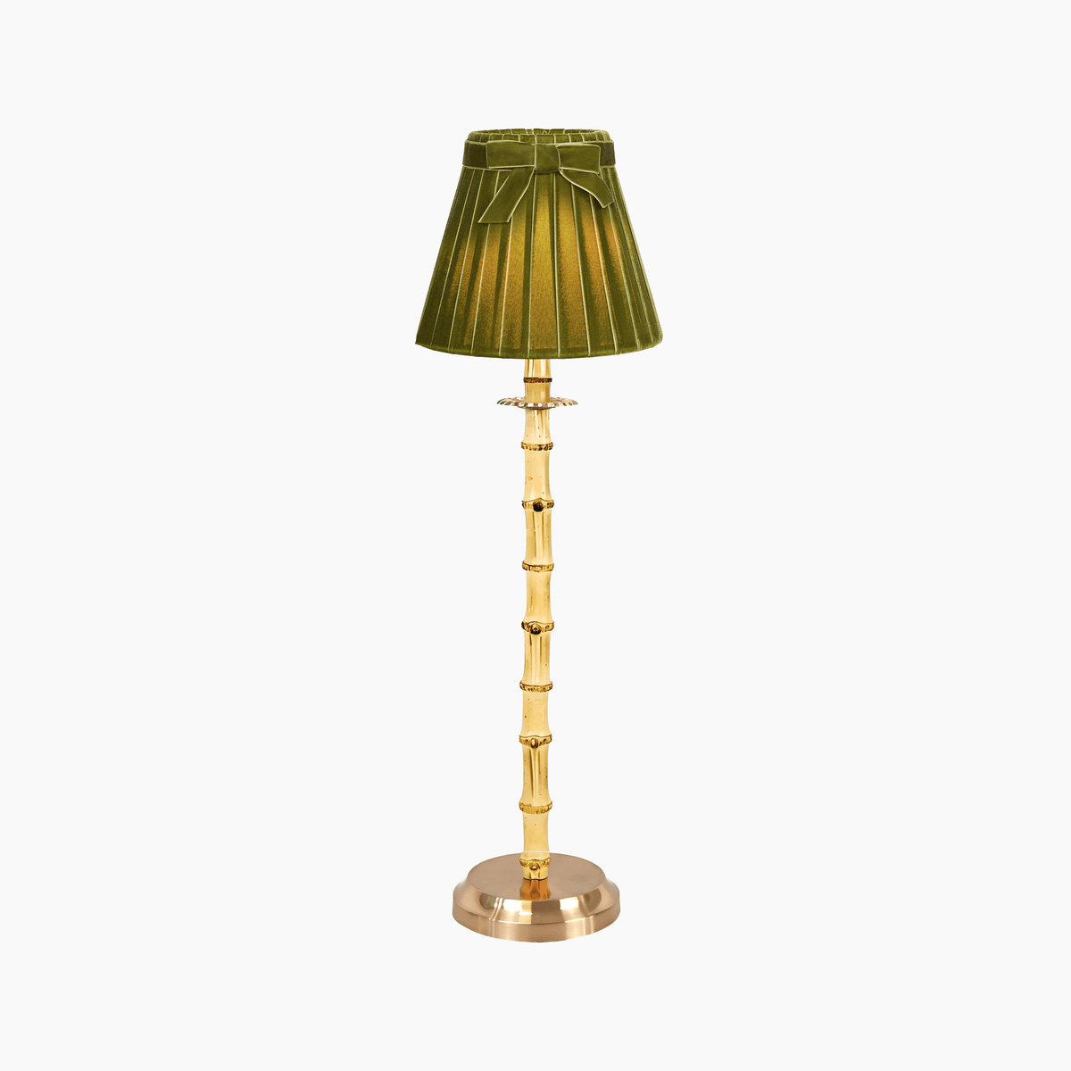 Natural bamboo rechargeable lamp with velvet shade showcasing olive green velvet and artisan design.