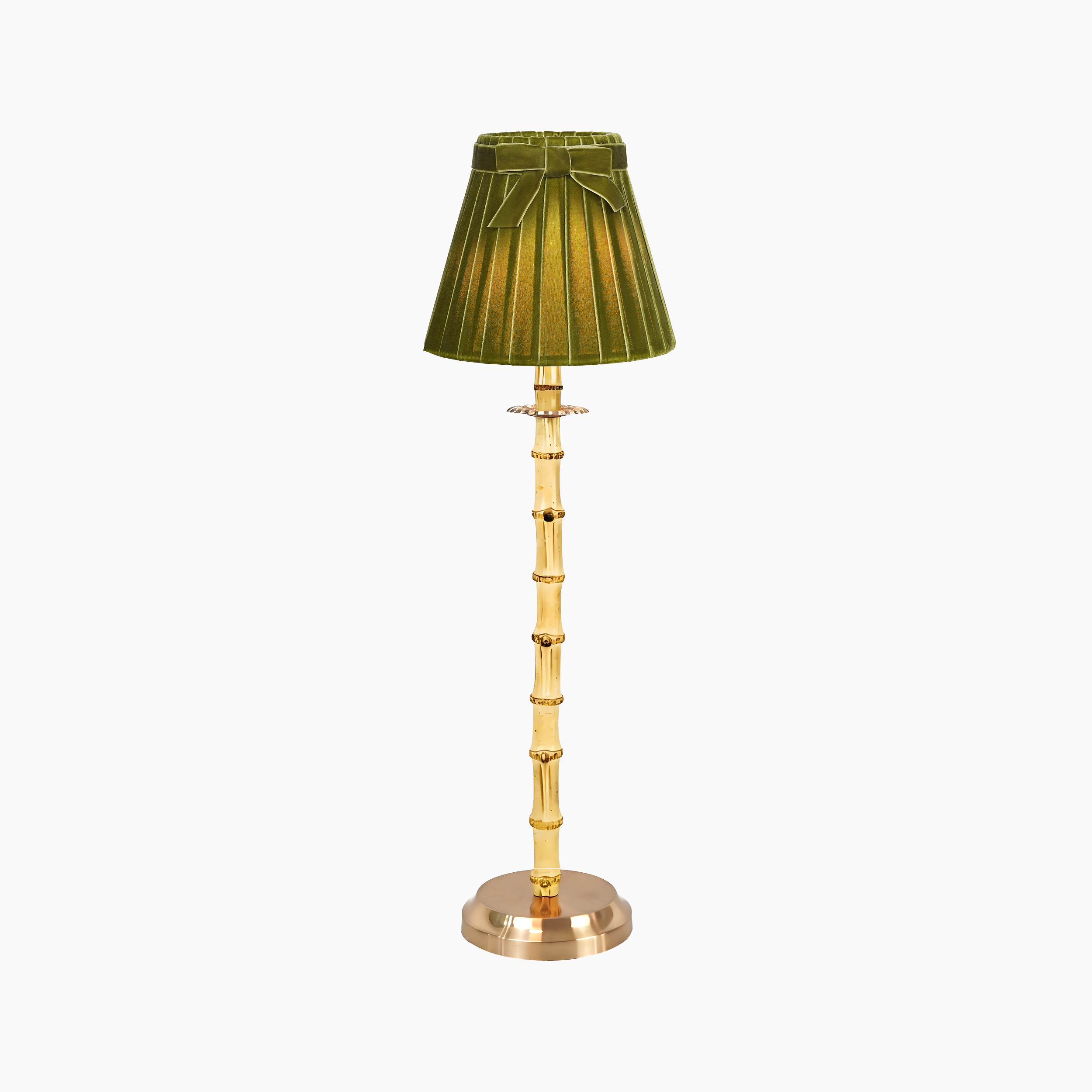 NATURAL BAMBOO Rechargeable Lamp With Olive Green Velvet Lampshade (7.1")