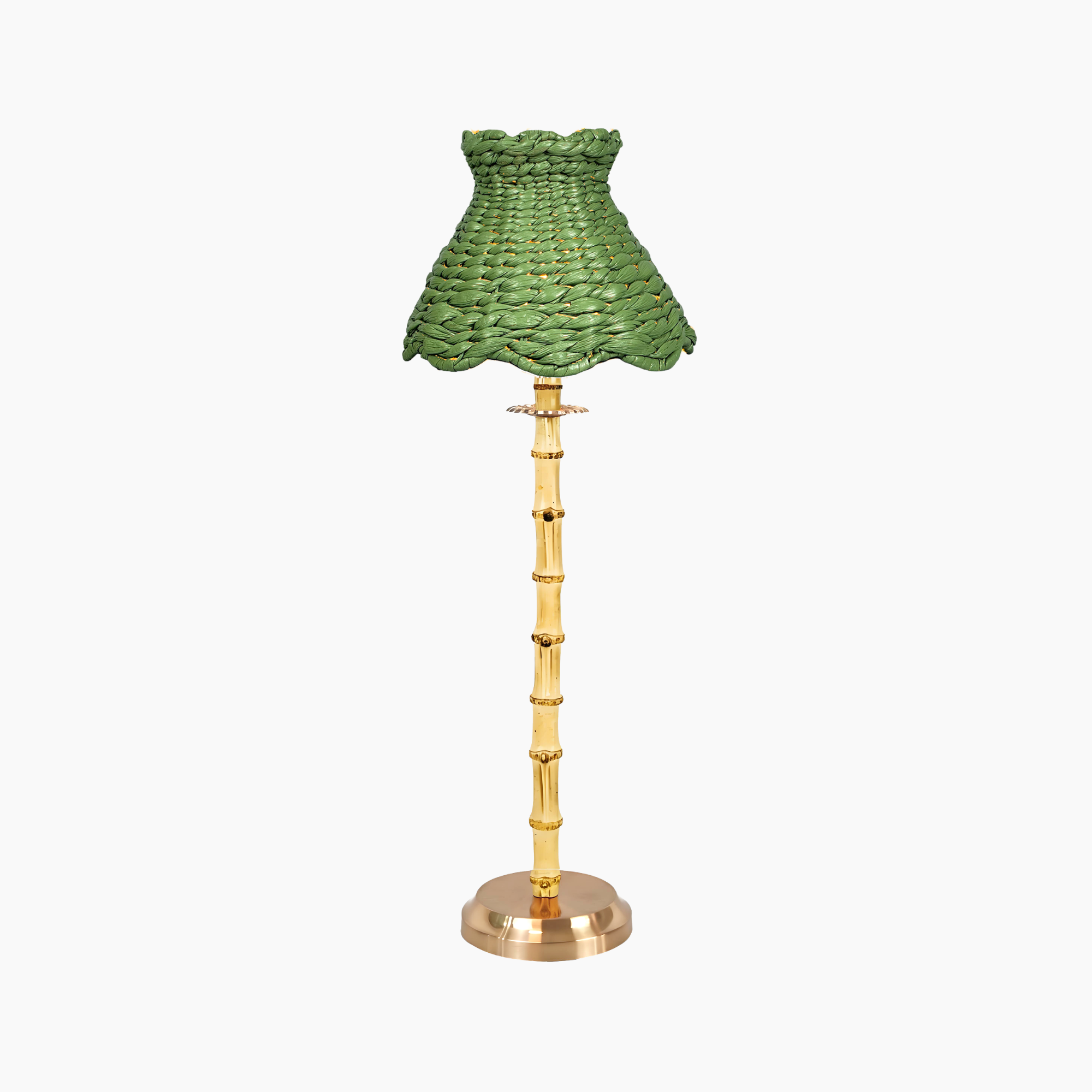 NATURAL BAMBOO Rechargeable Lamp With Olive Seagrass Ruffle Lampshade