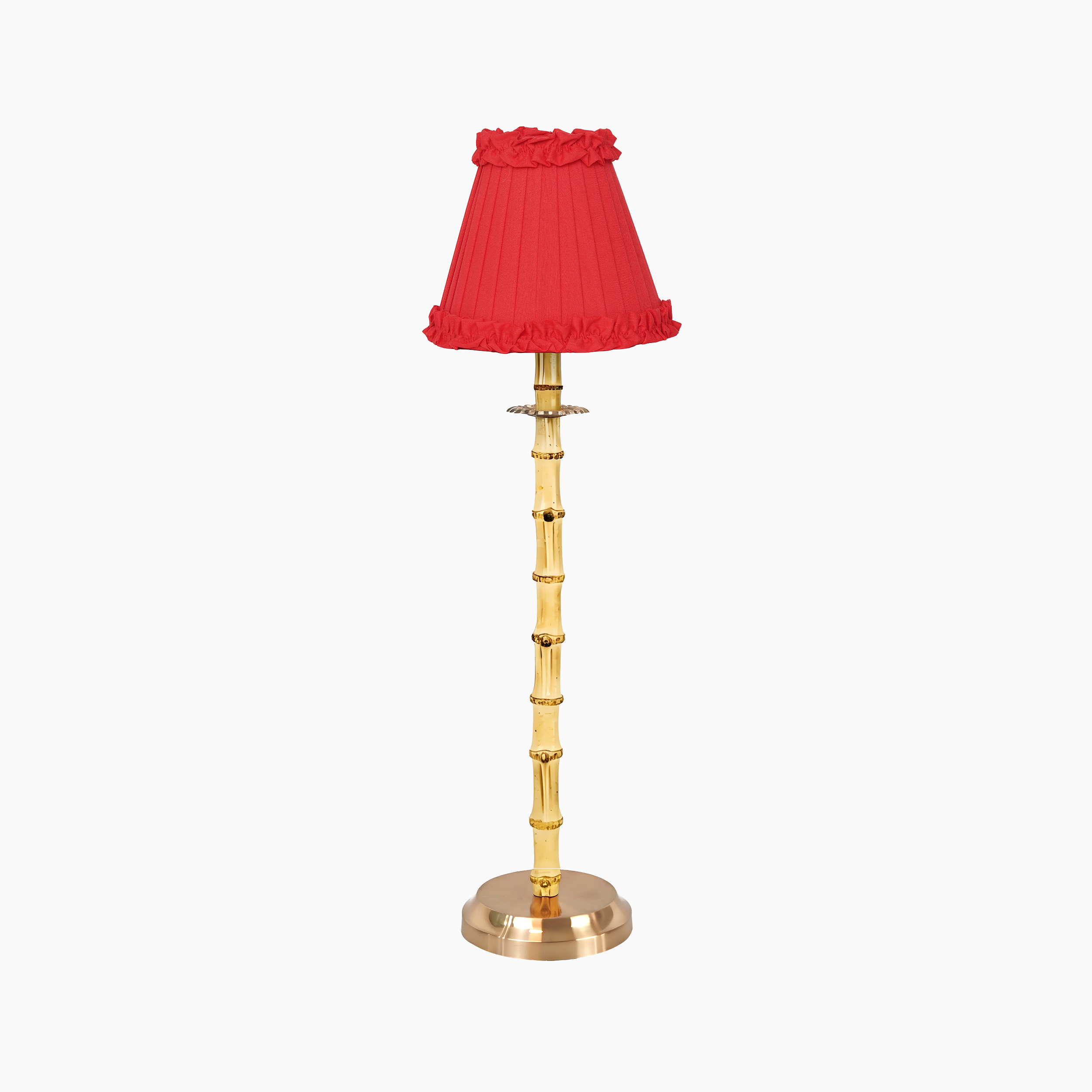 NATURAL BAMBOO Rechargeable Lamp With Red Brick Frilled Fabric Lampshade