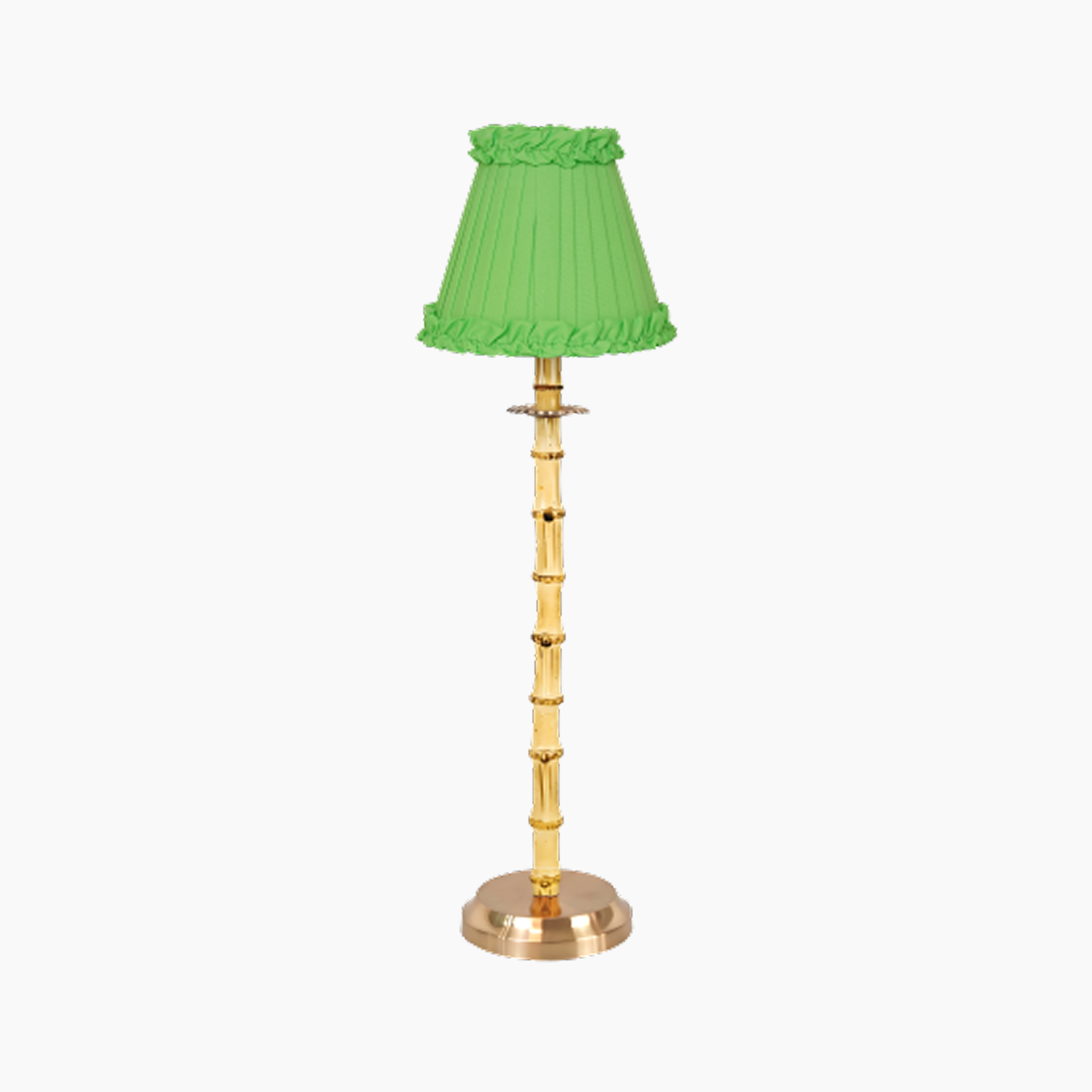 NATURAL BAMBOO Rechargeable Lamp With Lime Green Frilled Fabric Lampshade