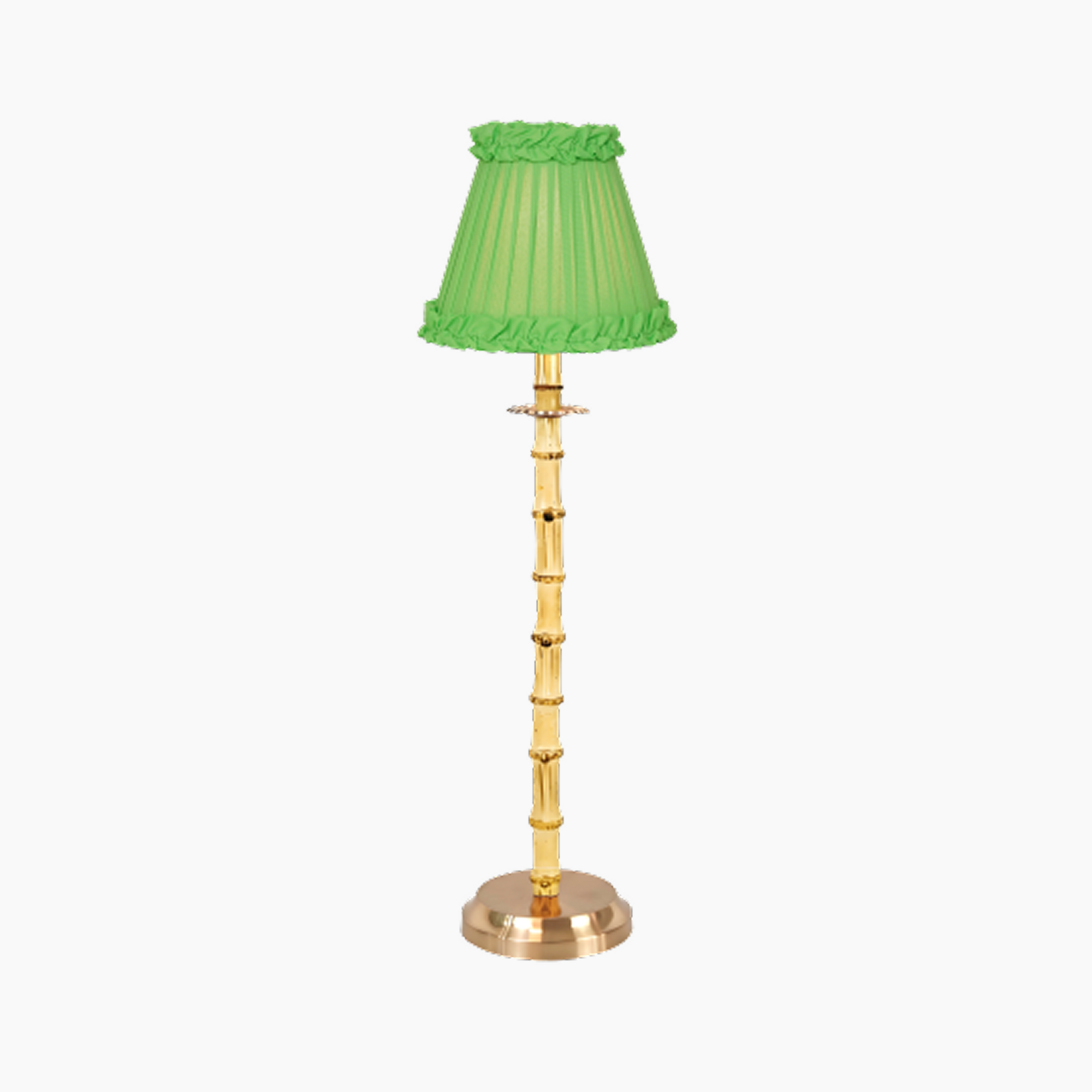NATURAL BAMBOO Rechargeable Lamp With Lime Green Frilled Fabric Lampshade