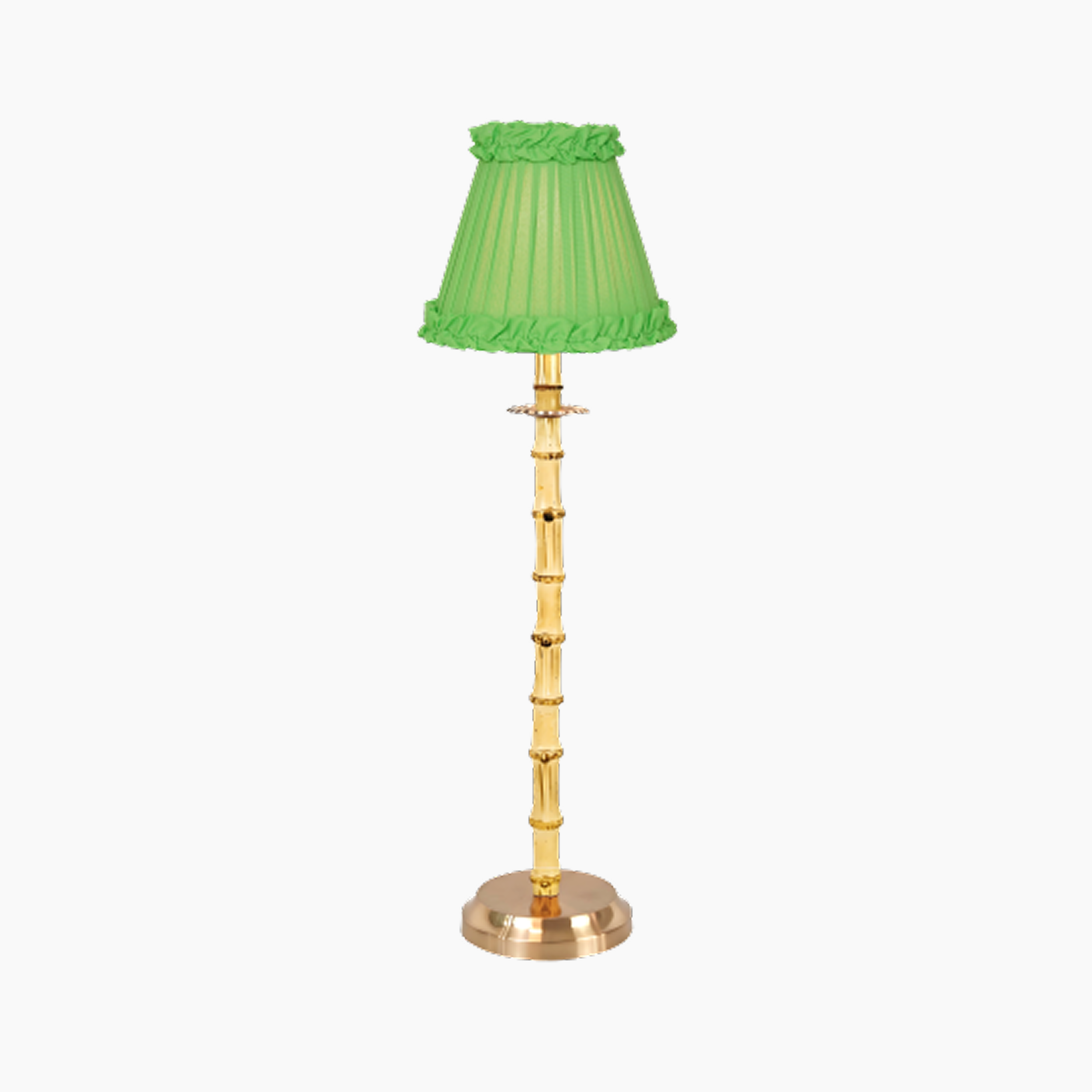NATURAL BAMBOO Rechargeable Lamp With Lime Green Frilled Fabric Lampshade