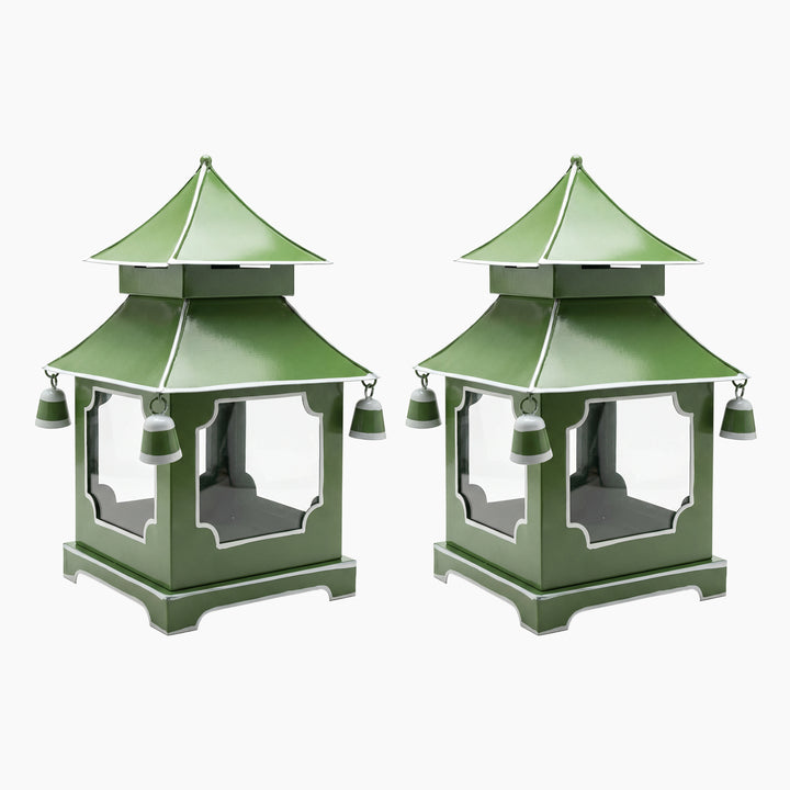 Pair of 11.5 inch green pagoda candle lanterns
