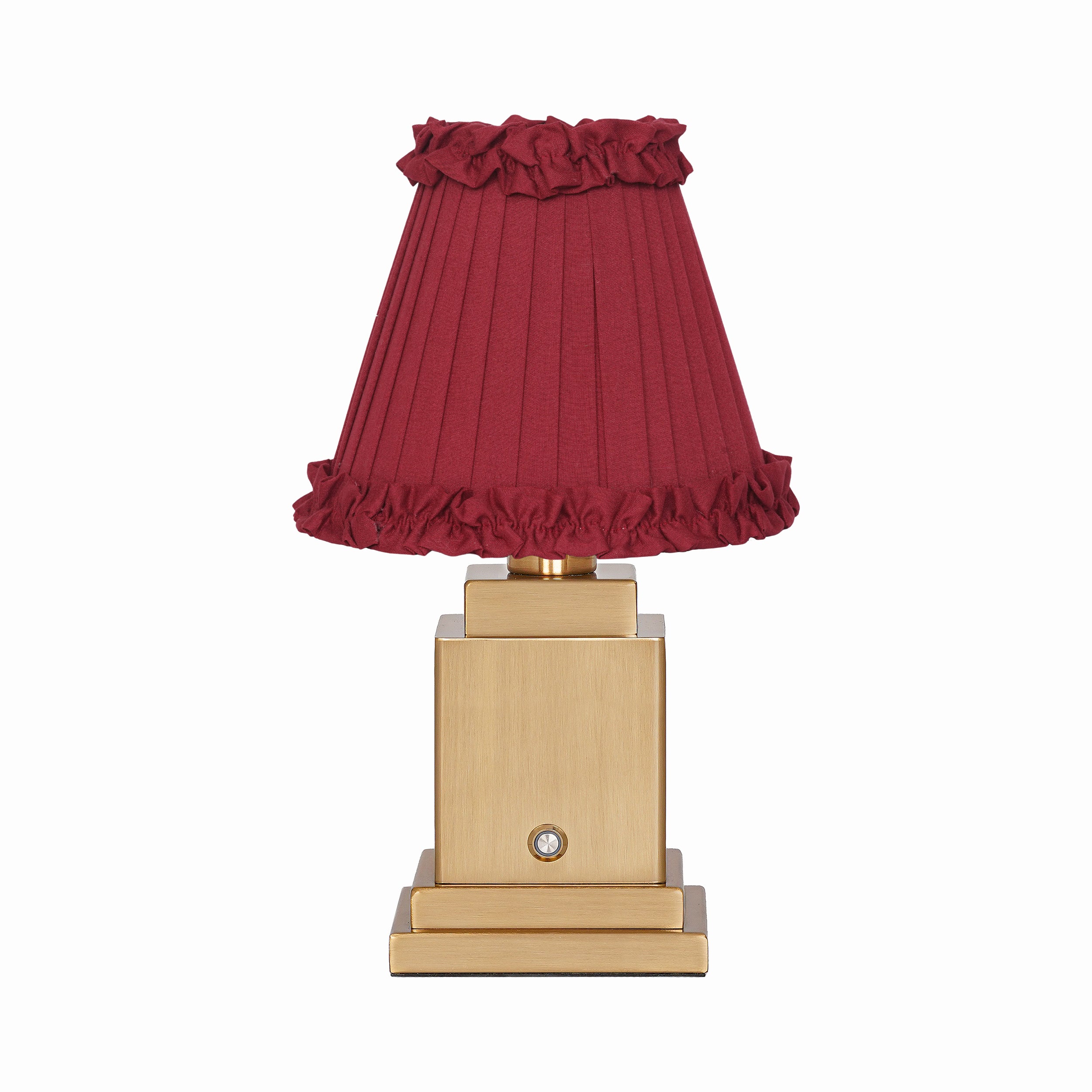 OSCAR Brass Rechargeable Lamp with RED WINE Frilled Fabric Lampshade
