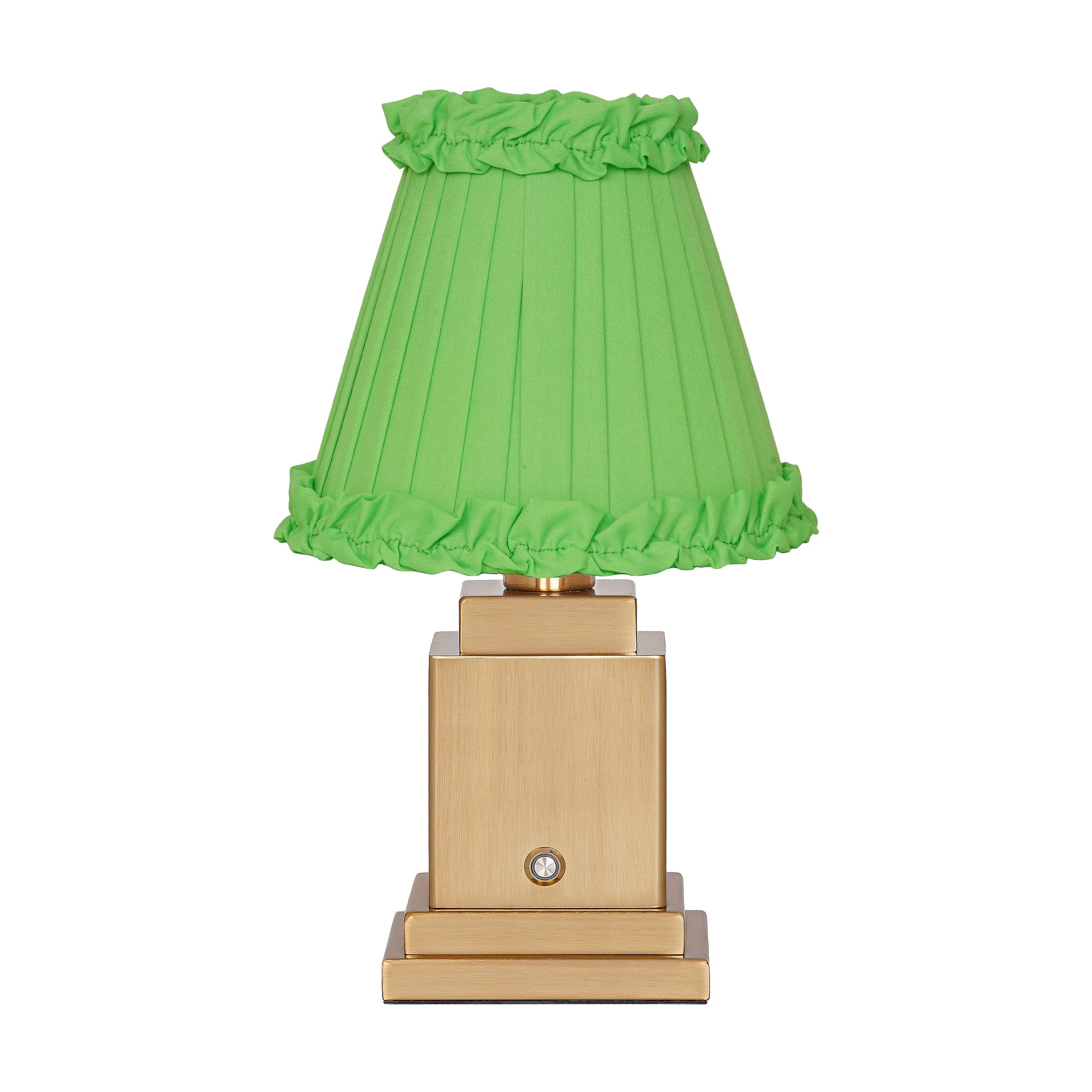 OSCAR Brass Rechargeable Lamp with LIME GREEN Frilled Fabric Lampshade