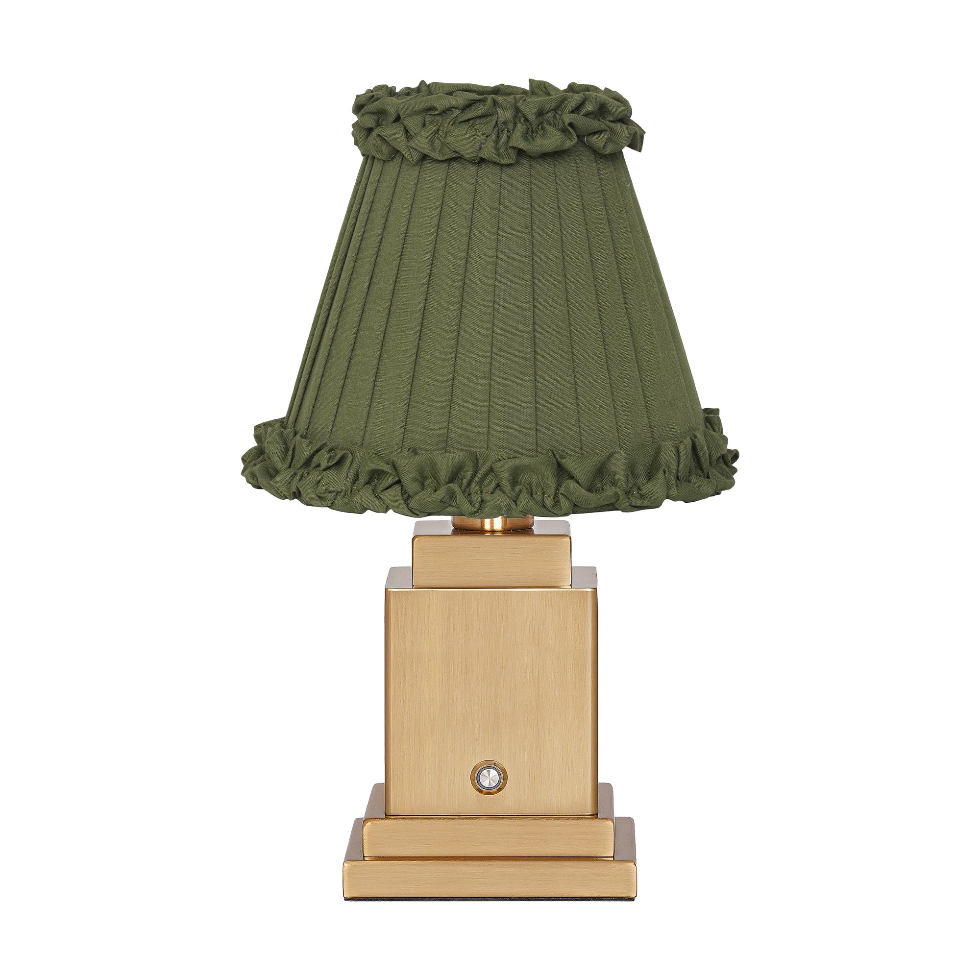 OSCAR Brass Rechargeable Lamp with OLIVE GREEN Frilled Fabric Lampshade