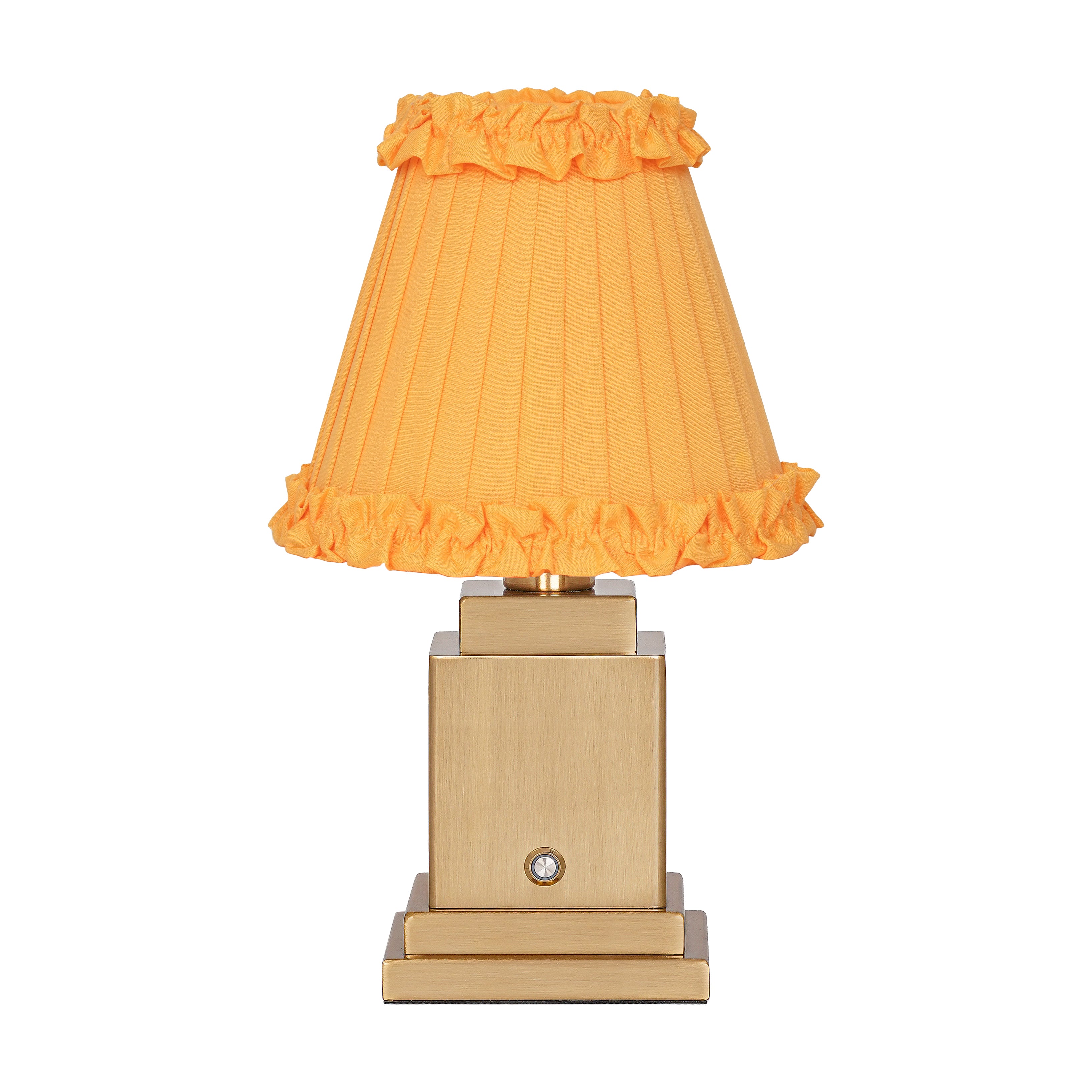 OSCAR Brass Rechargeable Lamp with Marigold Frilled Fabric Lampshade