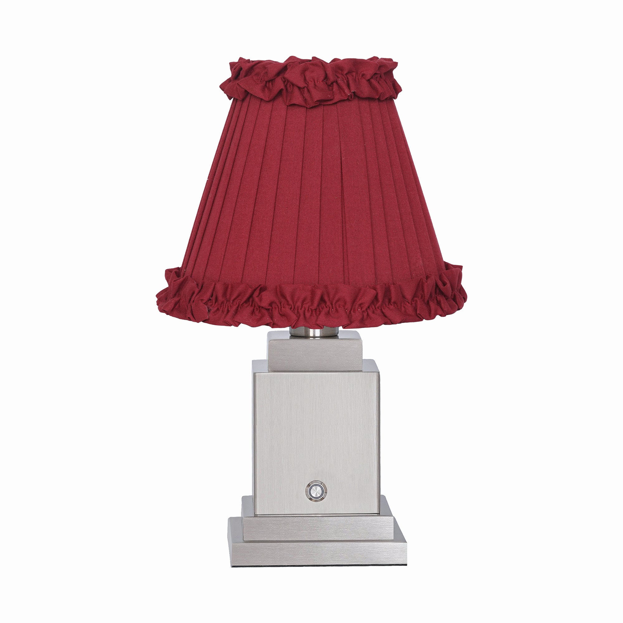 OSCAR Silver Rechargeable Lamp with Red Wine Frilled Fabric Lampshade