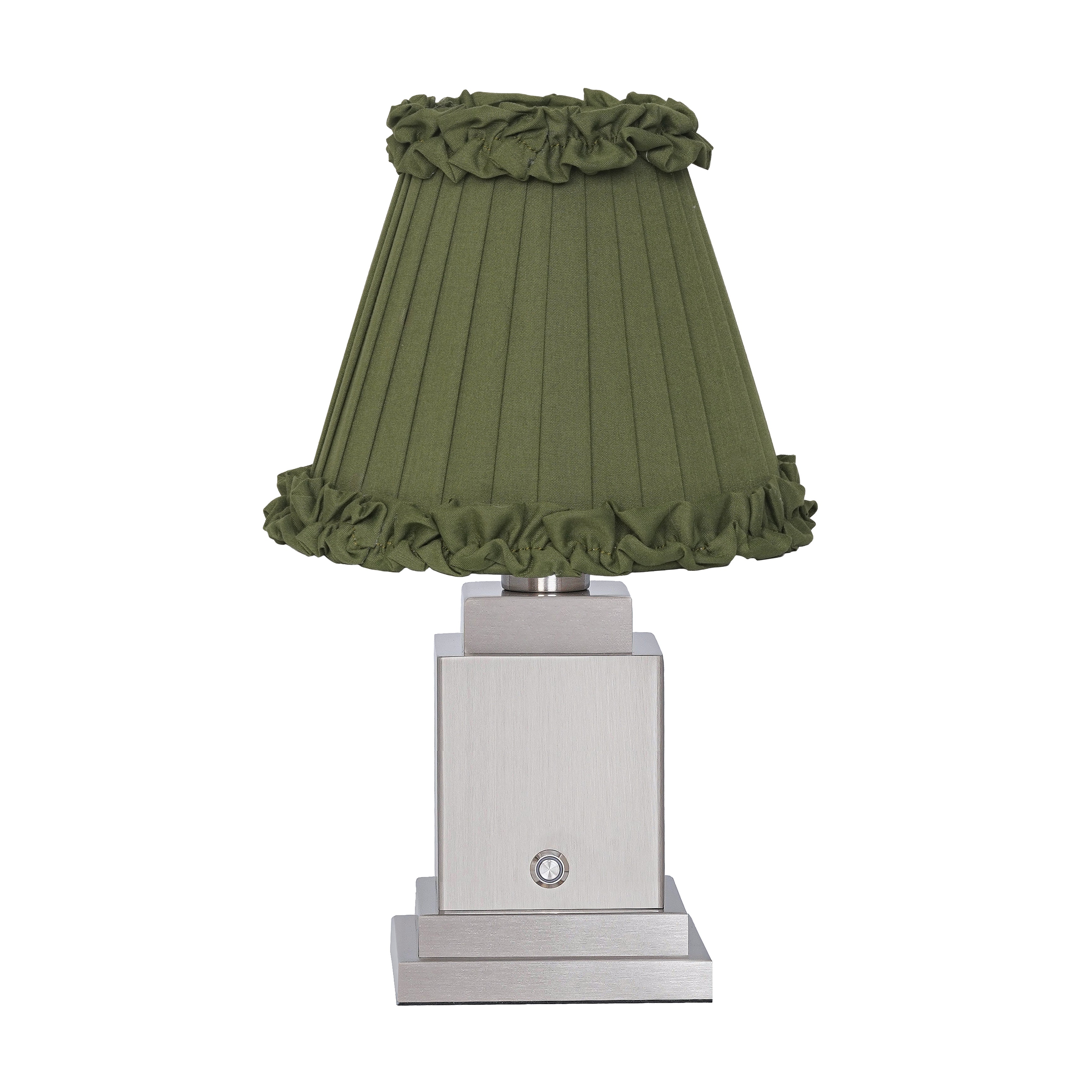 OSCAR Silver Rechargeable Lamp with Olive Green Frilled Fabric Lampshade