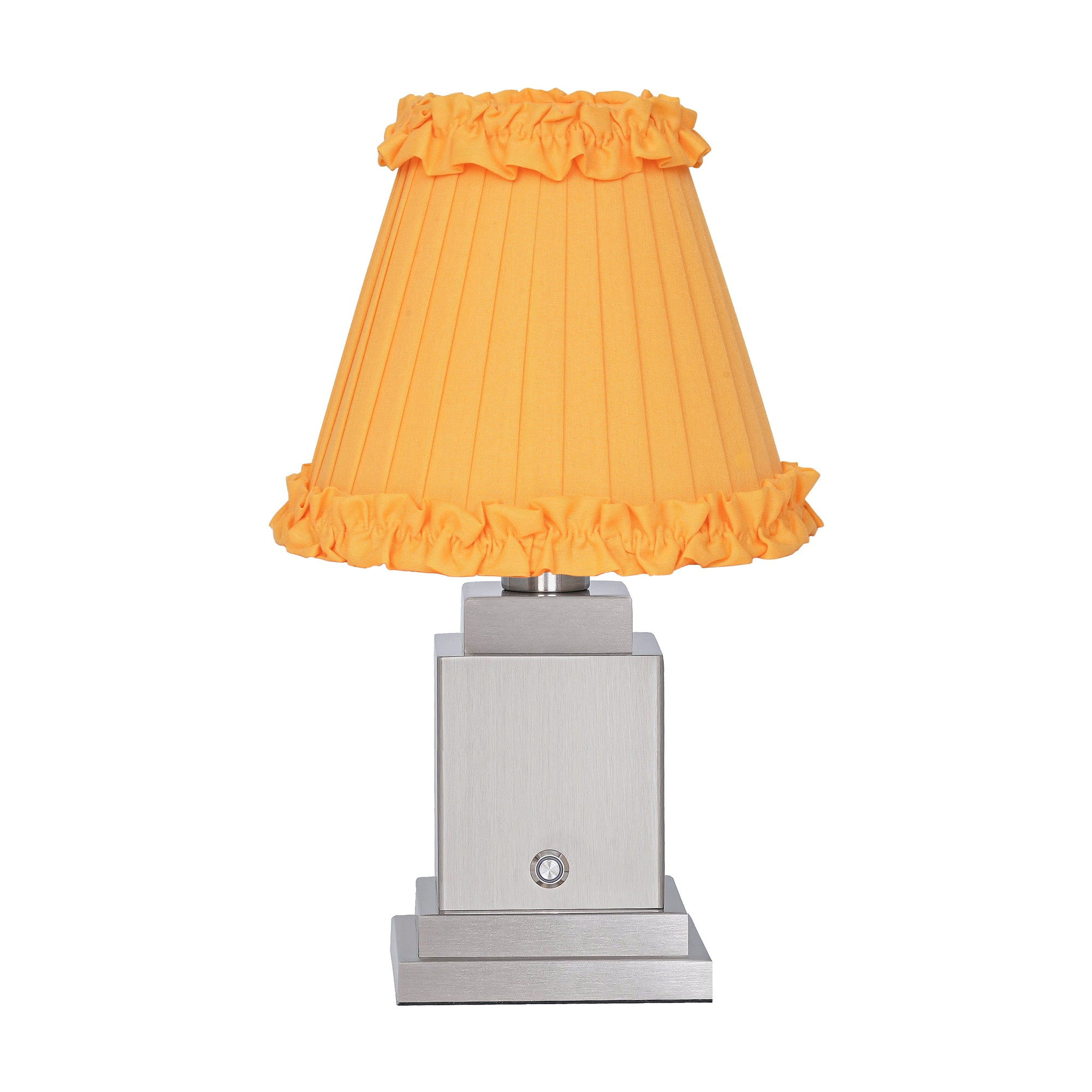 OSCAR Silver Rechargeable Lamp with Marigold Frilled Fabric Lampshade