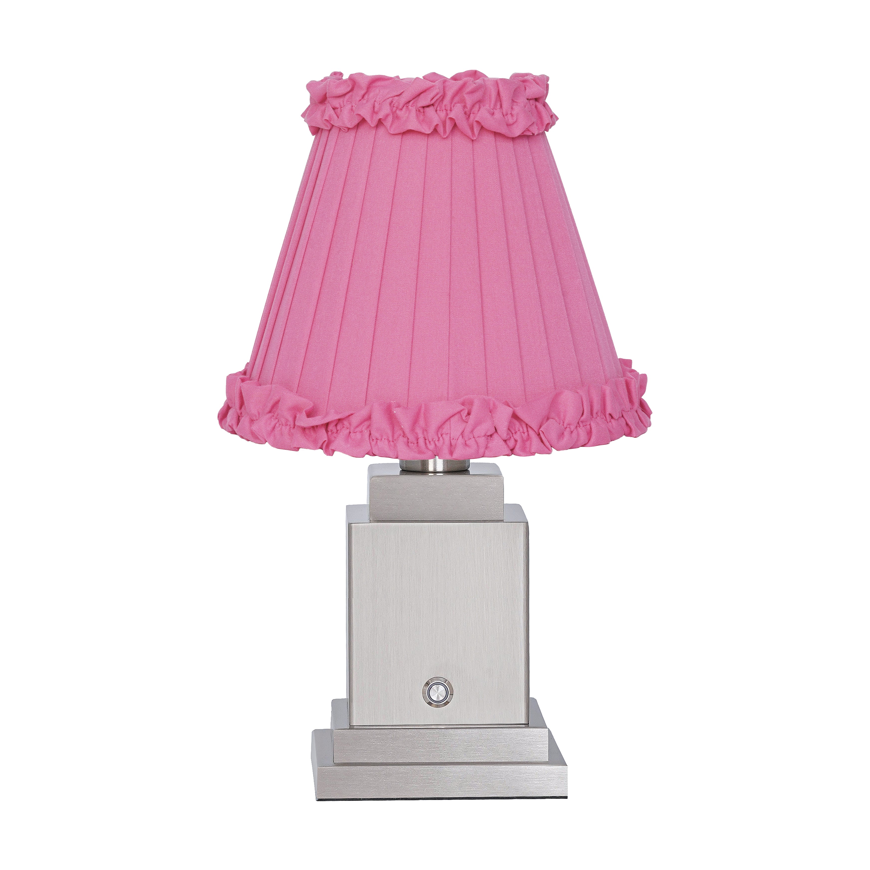 OSCAR Silver Rechargeable Lamp with Fuchsia Frilled Fabric Lampshade