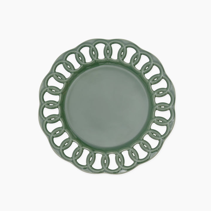 Dark olive green ceramic salad plate with openwork lace border