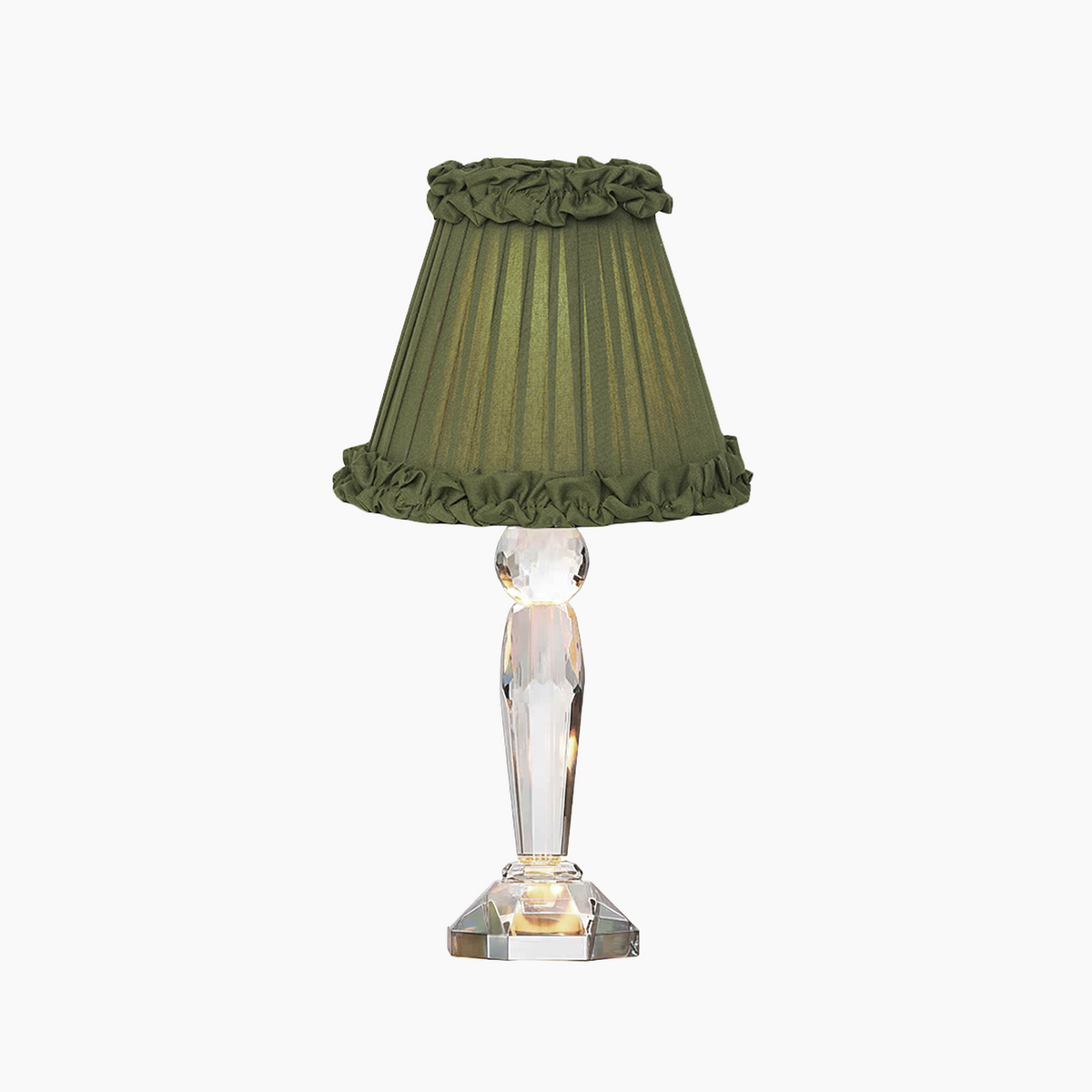 MERLIN Crystal Rechargeable Lamp With Olive Green Frilled Fabric Lampshade