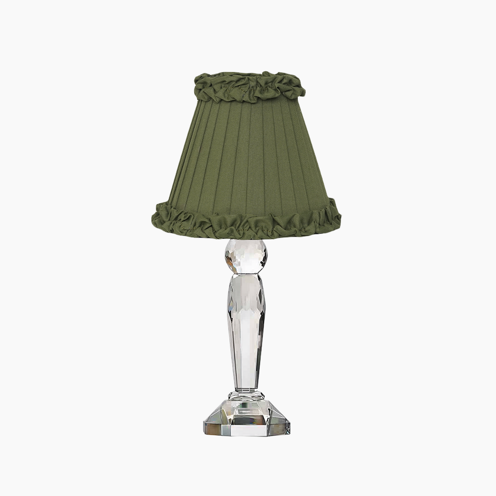 MERLIN Crystal Rechargeable Lamp With Olive Green Frilled Fabric Lampshade