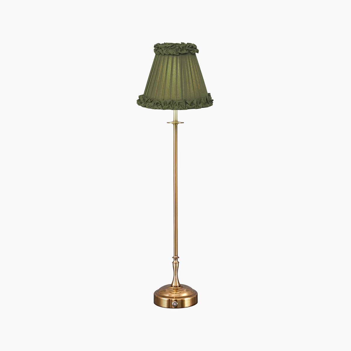 METALL Rechargeable Lamp With Olive Green Frilled Fabric Lampshade