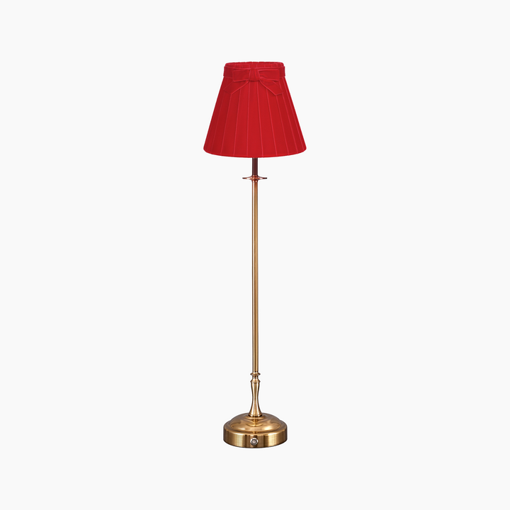 Metall antique gold cordless table lamp with 7.1 inch pleated scarlet velvet lampshade