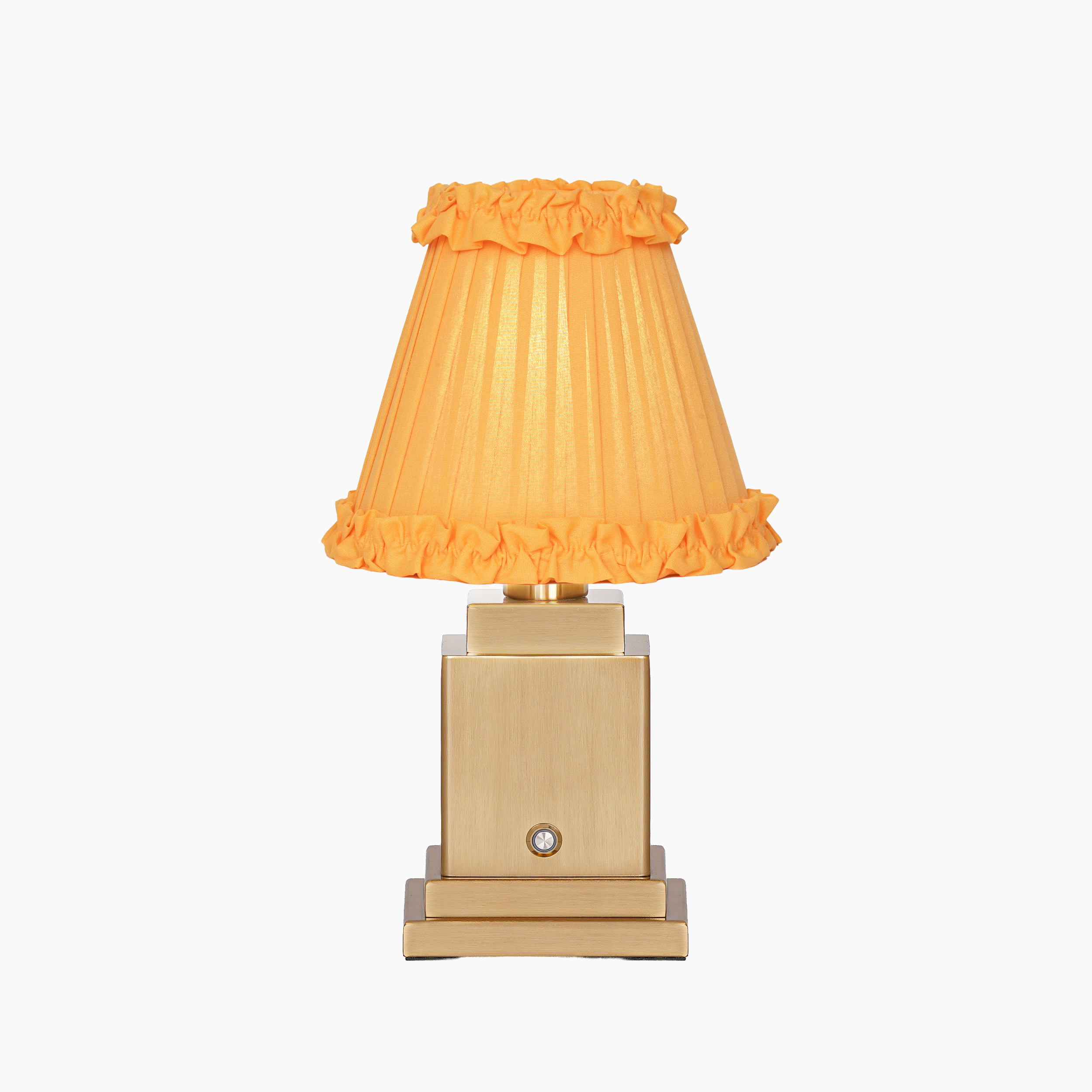 OSCAR Brass Rechargeable Lamp with Marigold Frilled Fabric Lampshade