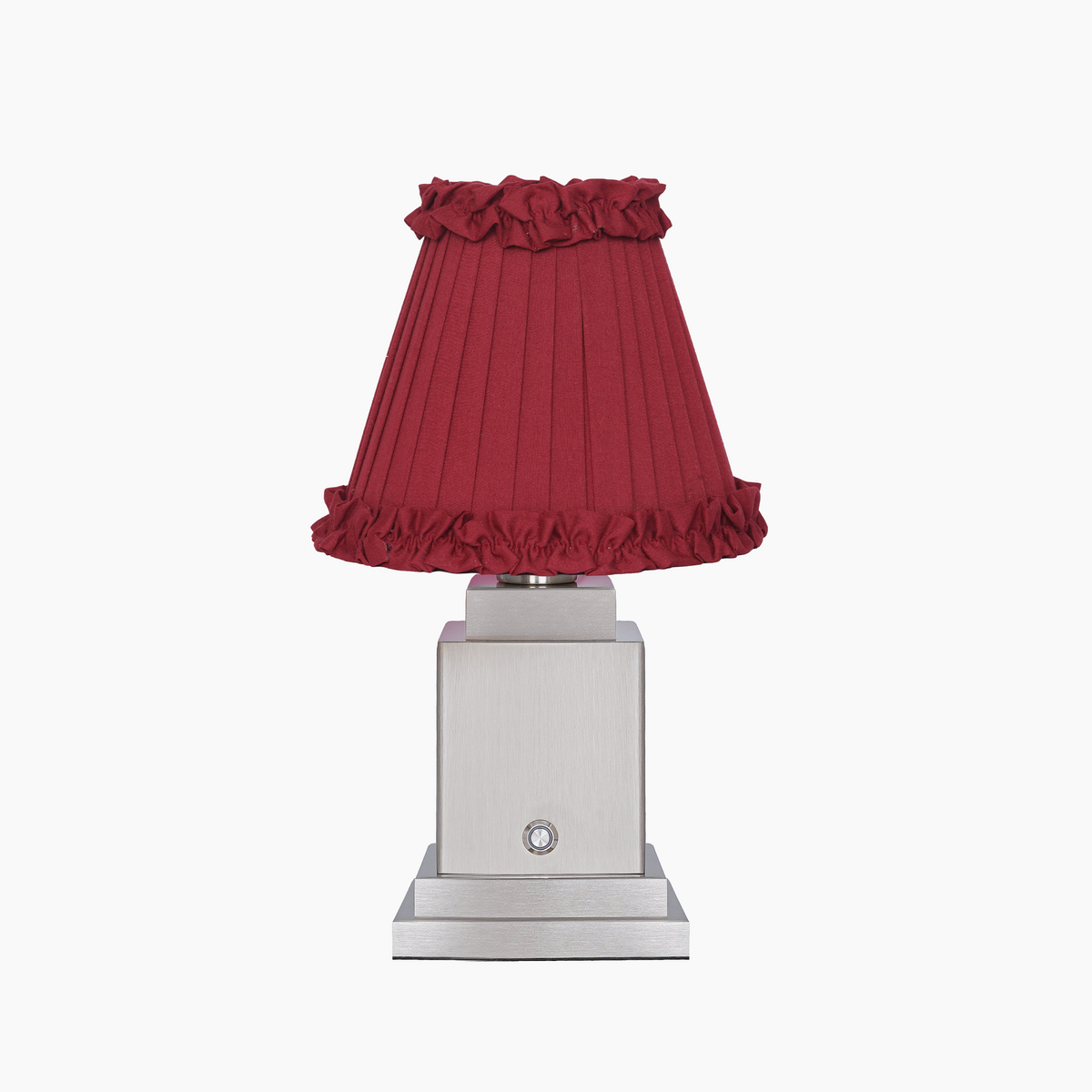 OSCAR Silver Rechargeable Lamp with Red Wine Frilled Fabric Lampshade