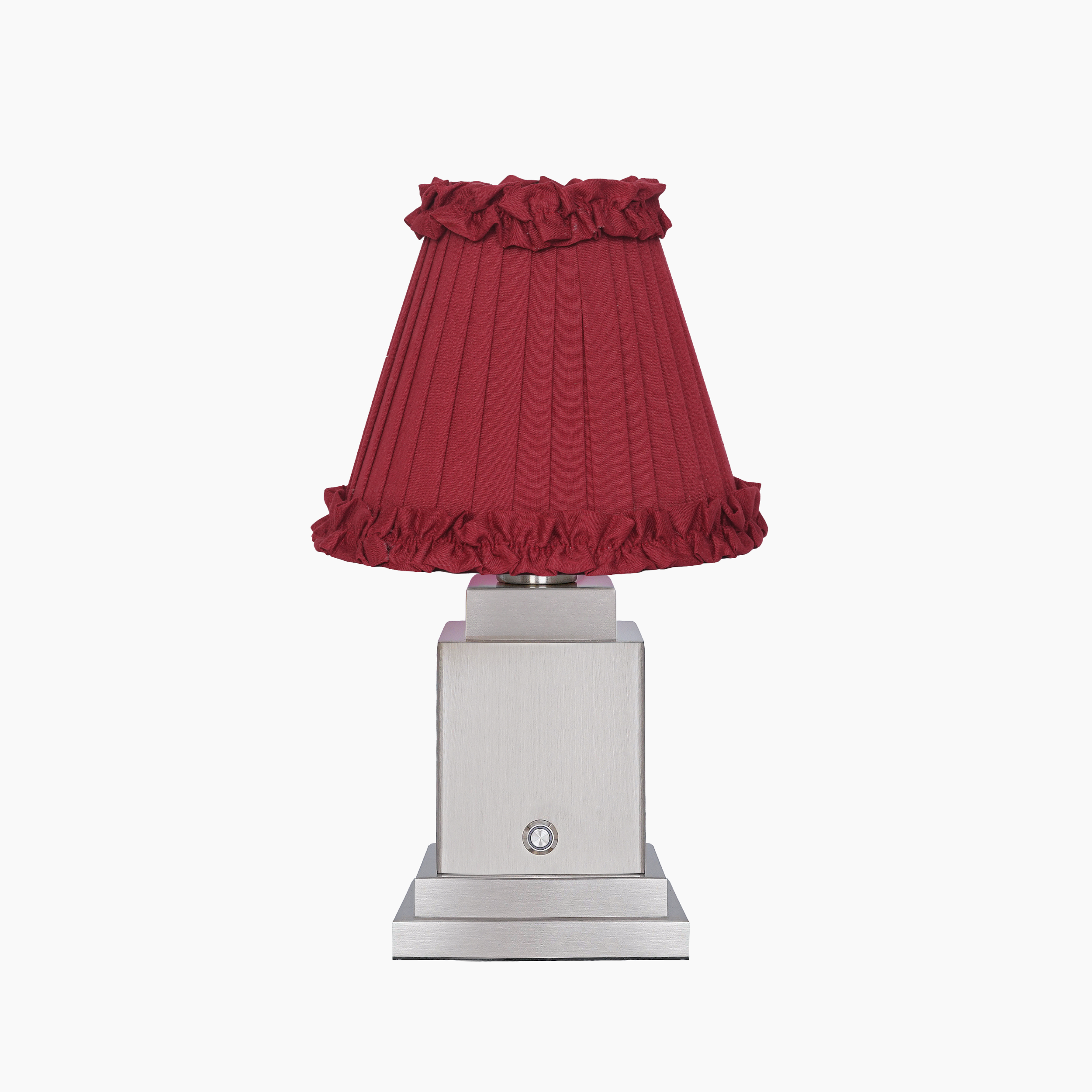 OSCAR Silver Rechargeable Lamp with Red Wine Frilled Fabric Lampshade