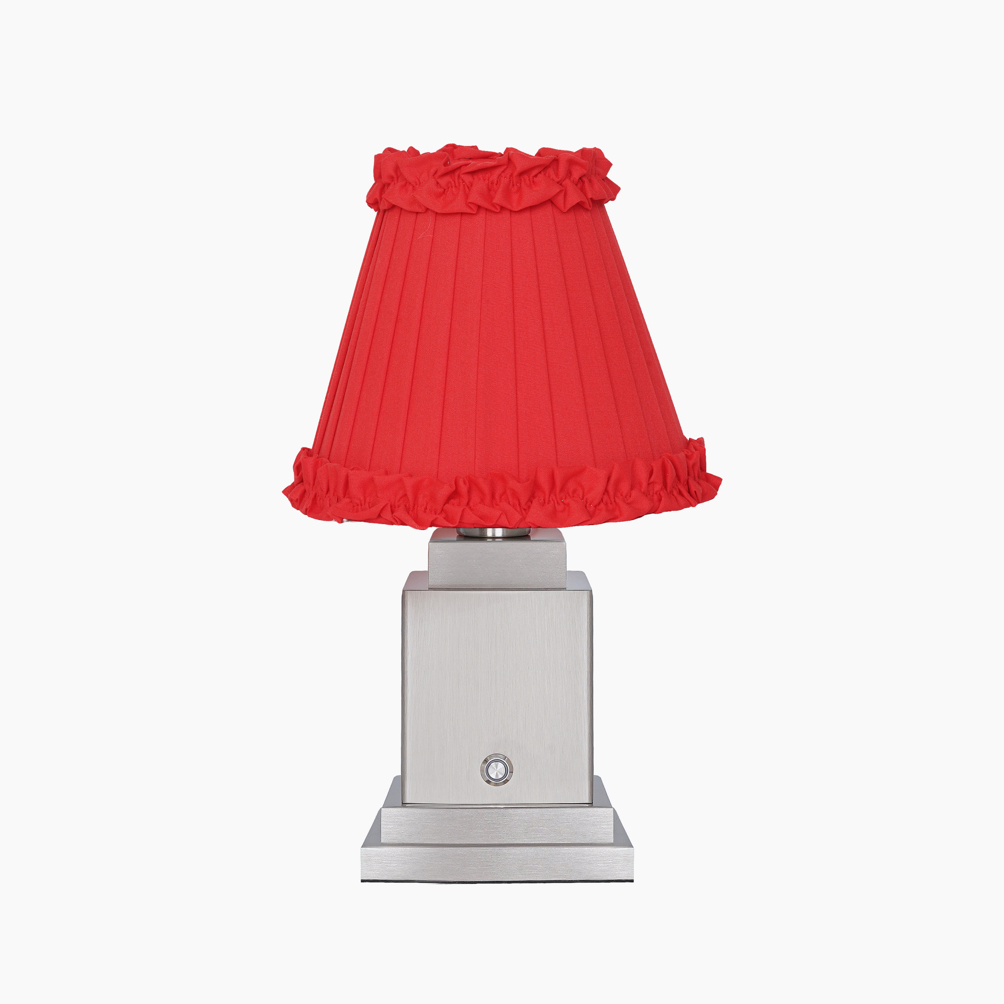 OSCAR Silver Rechargeable Lamp with Red Brick Frilled Fabric Lampshade