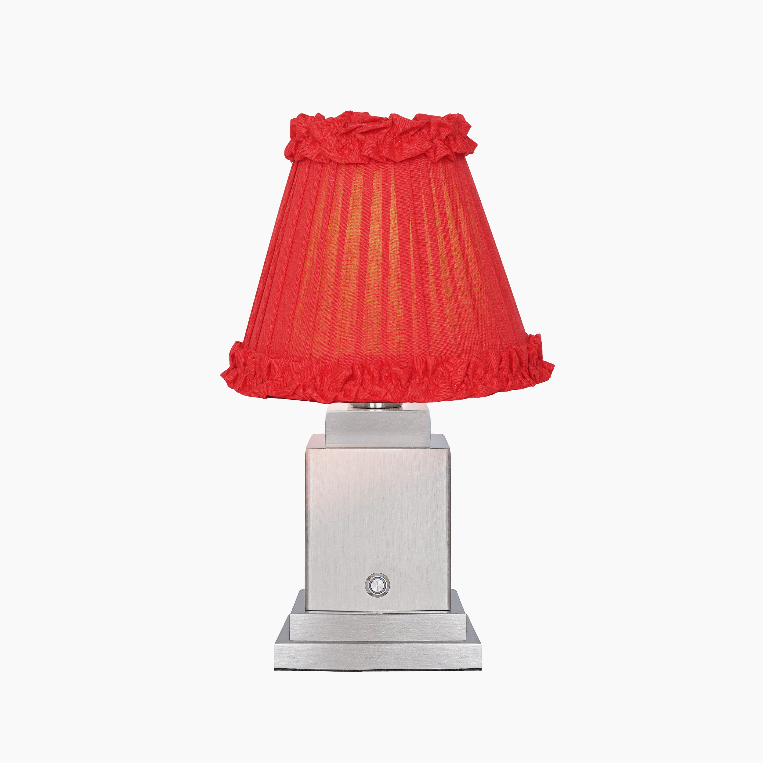 OSCAR Silver Rechargeable Lamp with Red Brick Frilled Fabric Lampshade