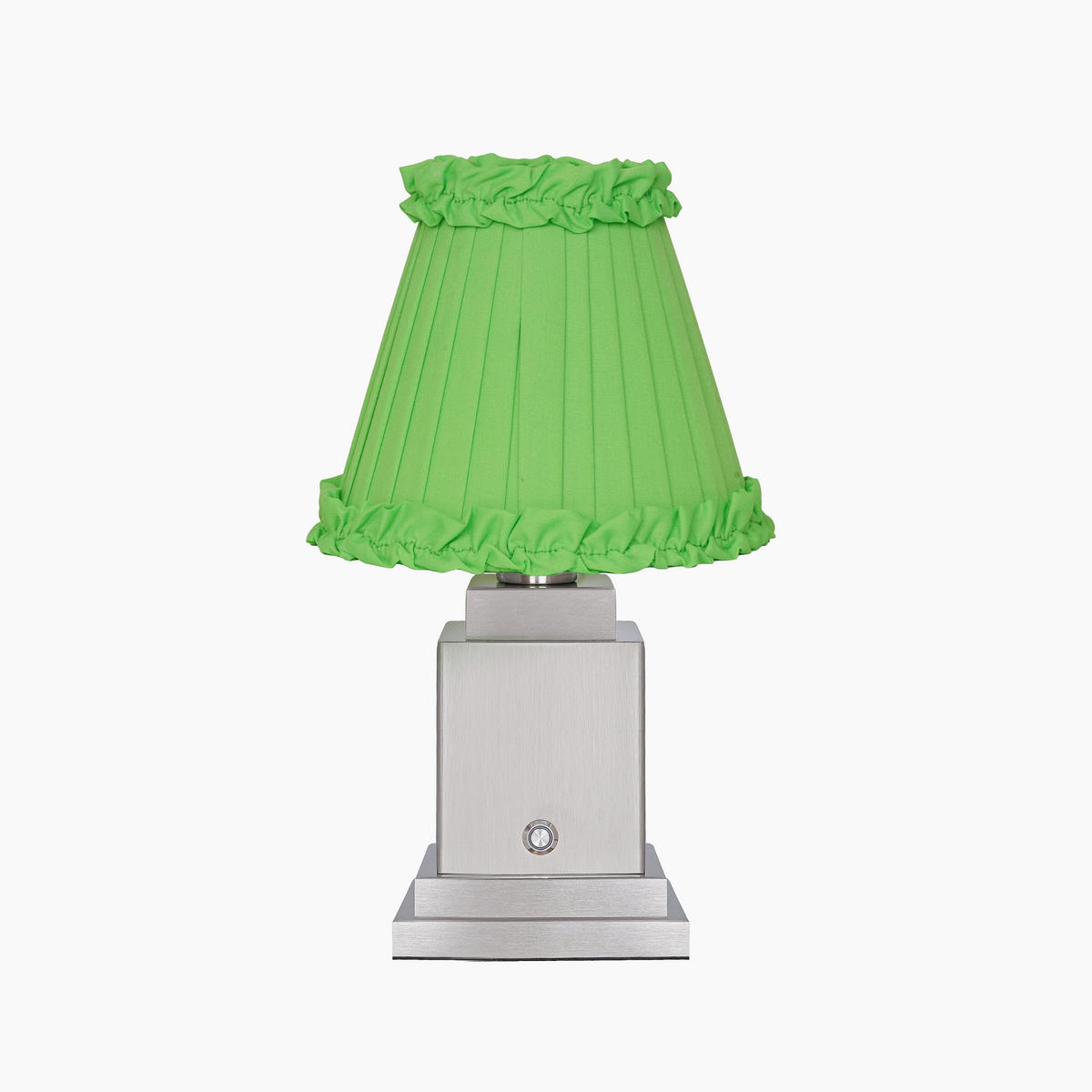 OSCAR Silver Rechargeable Lamp with Lime Green Frilled Fabric Lampshade