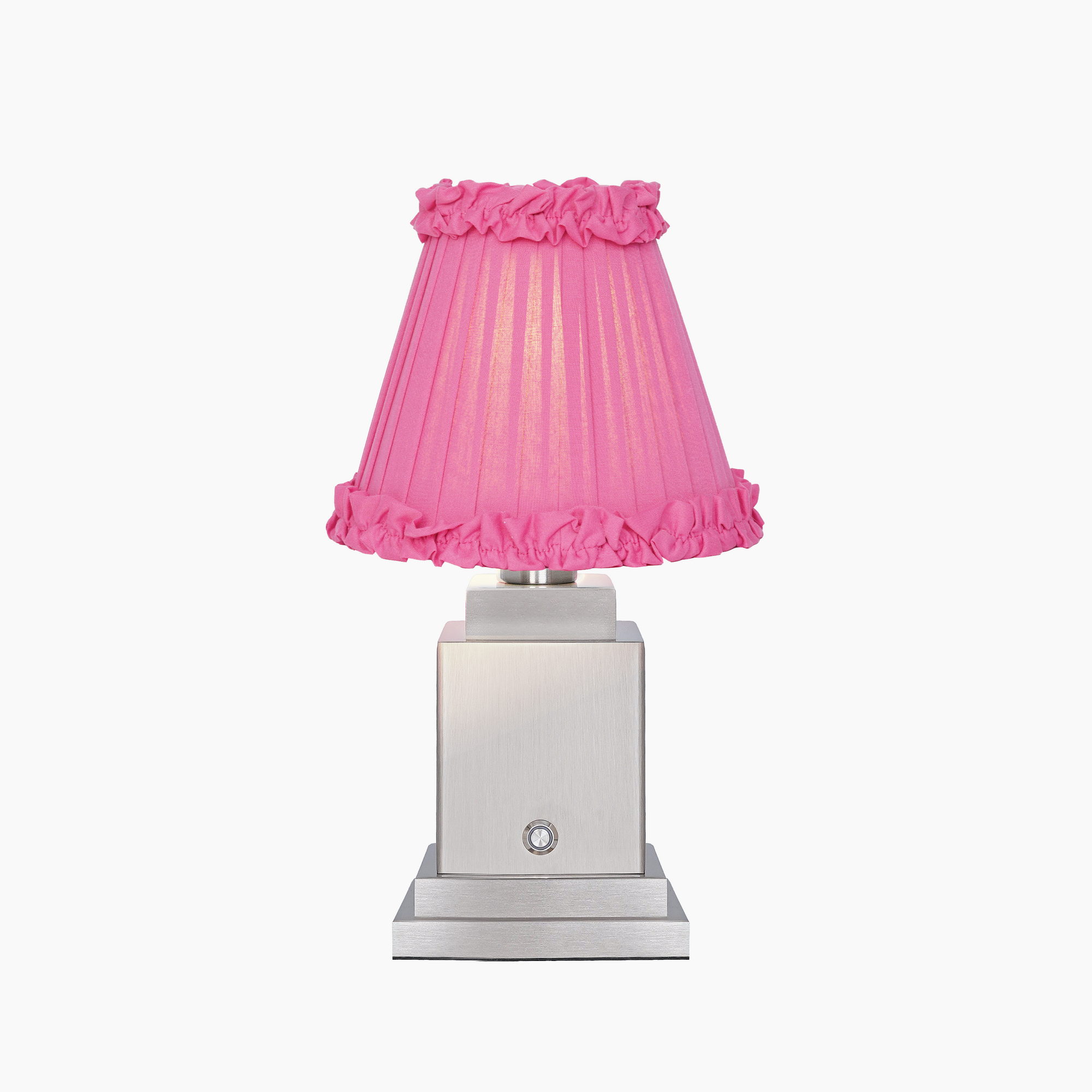 OSCAR Silver Rechargeable Lamp with Fuchsia Frilled Fabric Lampshade